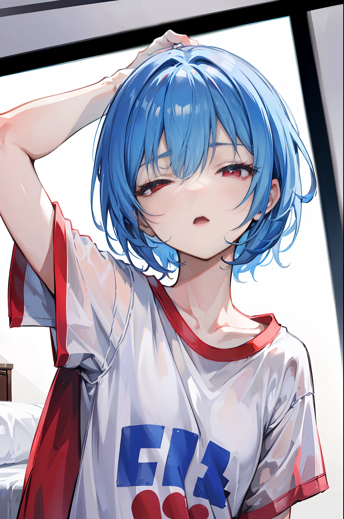short blue hair, red eyes, wearing loose white t-shirt, no legwear, girl stretching on the bed, high angle shot close up to her face, yawn expression, closed eyes, barefoot, arms up, sweaty, bedroom, absurdres, high res, ultrasharp, 8K, masterpiece