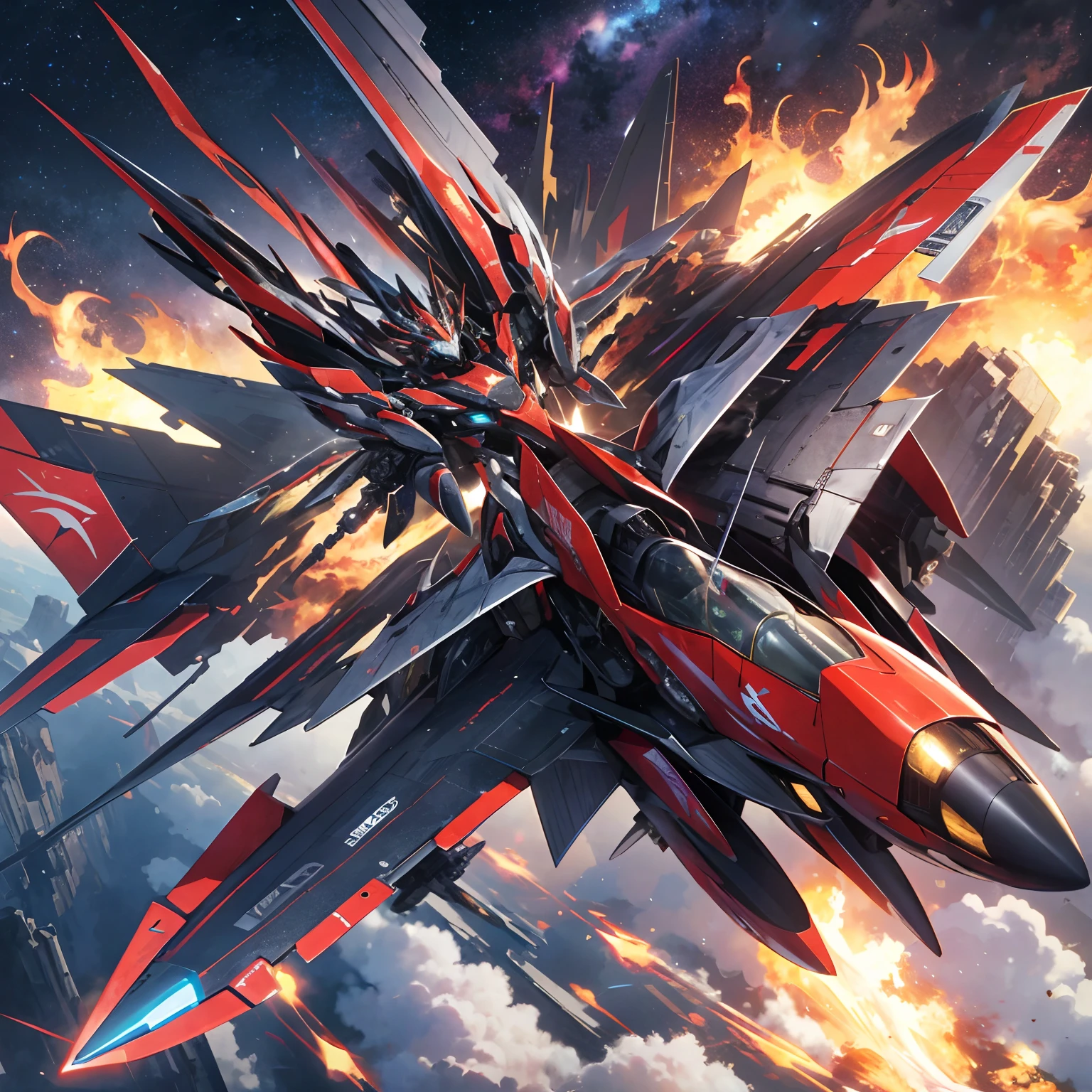 Absurd resolution, High resolution, (masutepiece: 1.4), Hyper-detailing, mechs, Red plane with red wings, Flying in the sky (1.8) The background is wild, fire、cosmic space