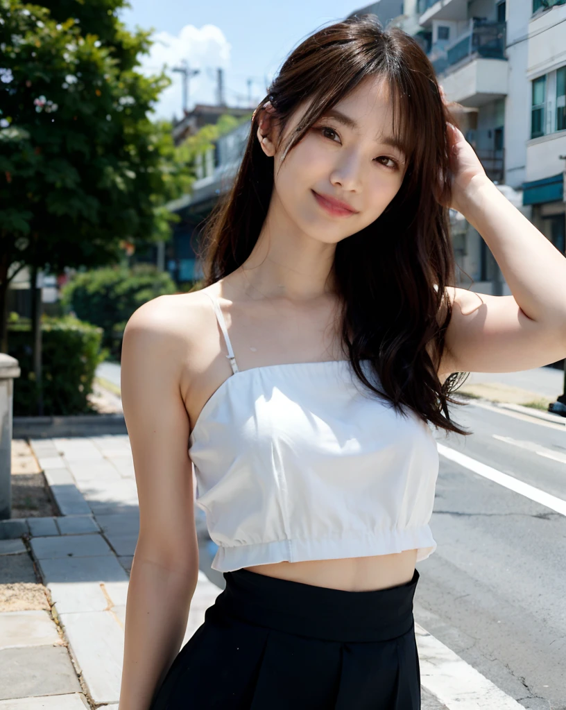 Woman Standing On Street Corner、top-quality、*** 1 a person、middlebreasts、tag、with light glowing、blur backgroun、bokeh dof、outside of house、(Street:0.8)、(a person々、Large crowds:1)、Tube Top、underboob、((Ultra mini skirt))、a gorgeous(long hair up to the waist、Floating hair、One-length、Forehead:1.2)、Beautiful sky with details、耳Nipple Ring、(dynamicposes:1.2)、 (The upper part of the body:0.8)、Soft lighting、the wind、glowy skin、A smile、Sauce order、A gaze that looks at the viewer、