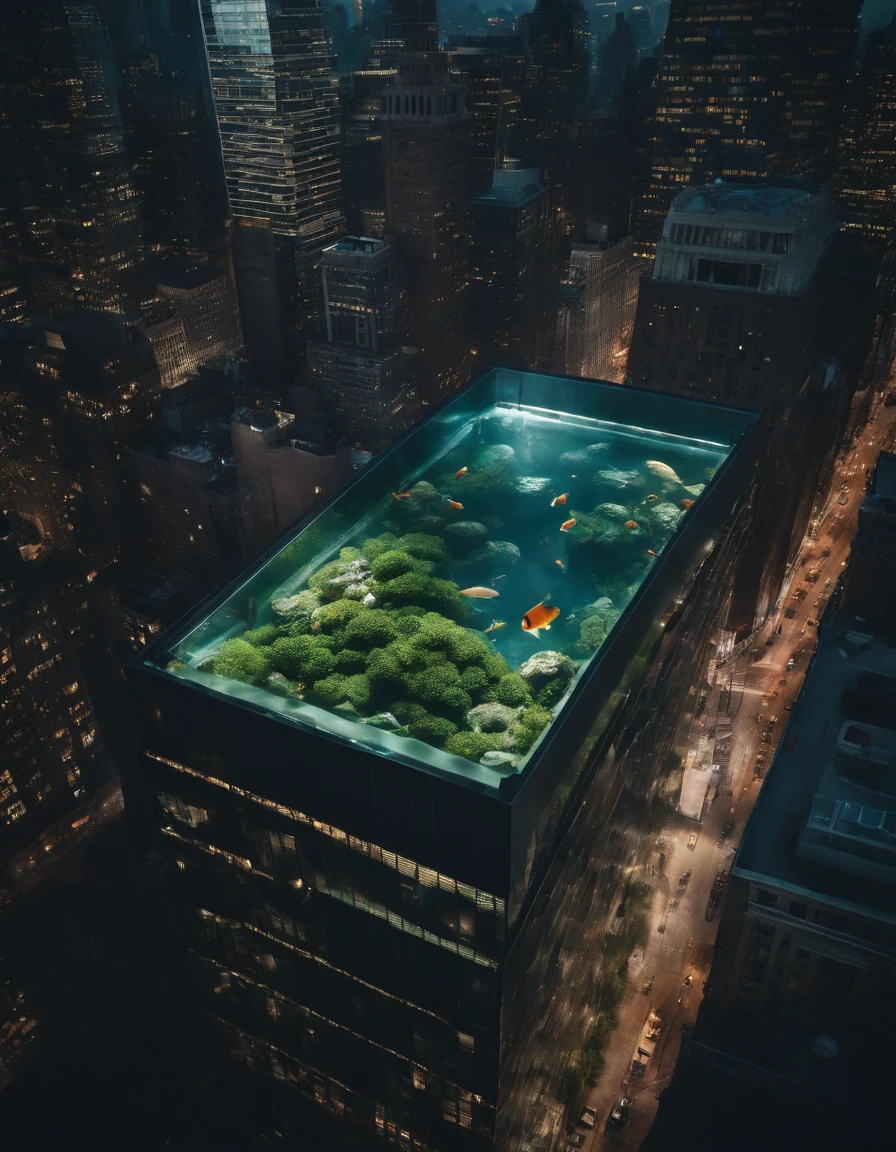 A spectacular aerial view of a giant fish tank build as a skyscraper in the middle of New York City, 8K, photorealistic, cinematography, insane angles.