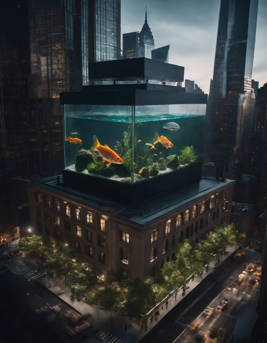 A spectacular aerial view of a giant fish tank build as a skyscraper in the middle of New York City, 8K, photorealistic, cinematography, insane angles.
