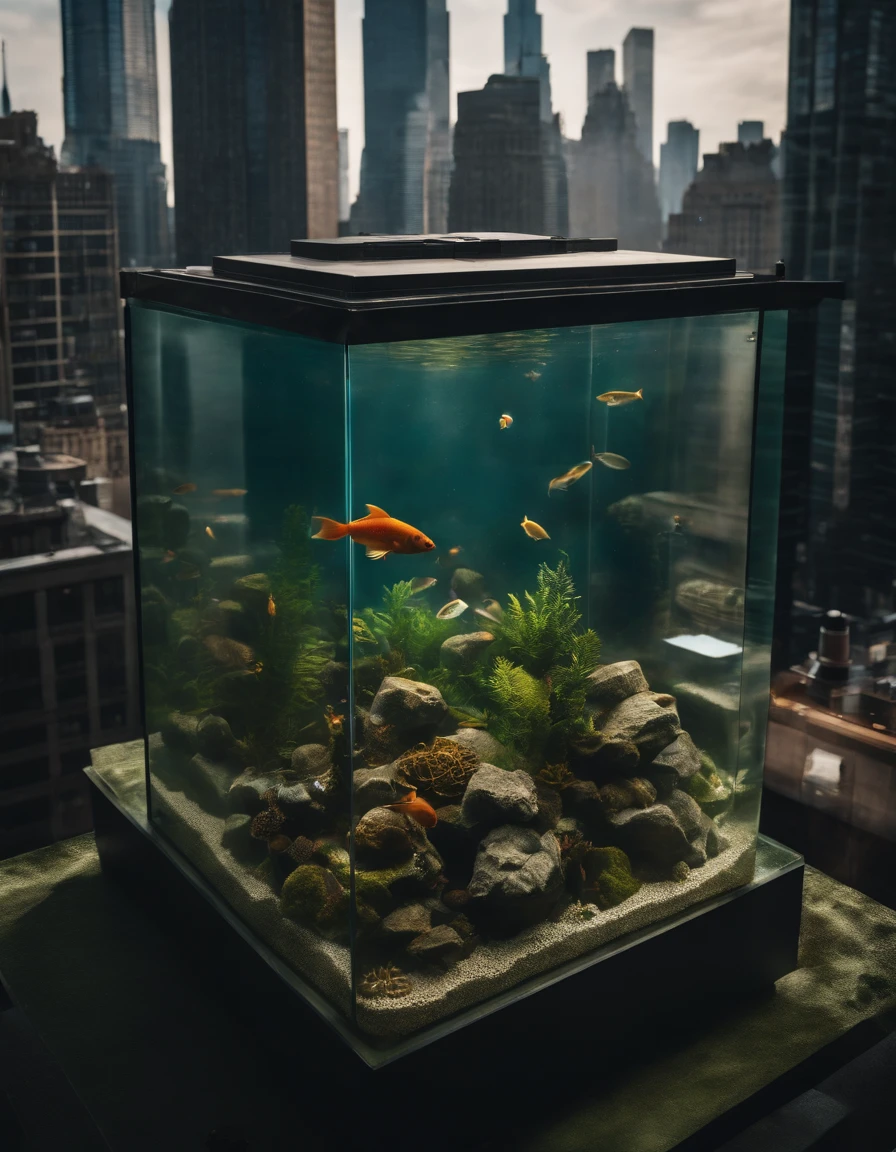 A spectacular aerial view of a giant fish tank build as a skyscraper in the middle of New York City, 8K, photorealistic, cinematography, insane angles.