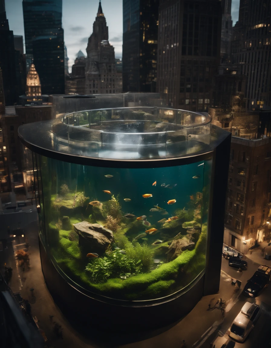 A spectacular aerial view of a giant fish tank build as a skyscraper in the middle of New York City, 8K, photorealistic, cinematography, insane angles.