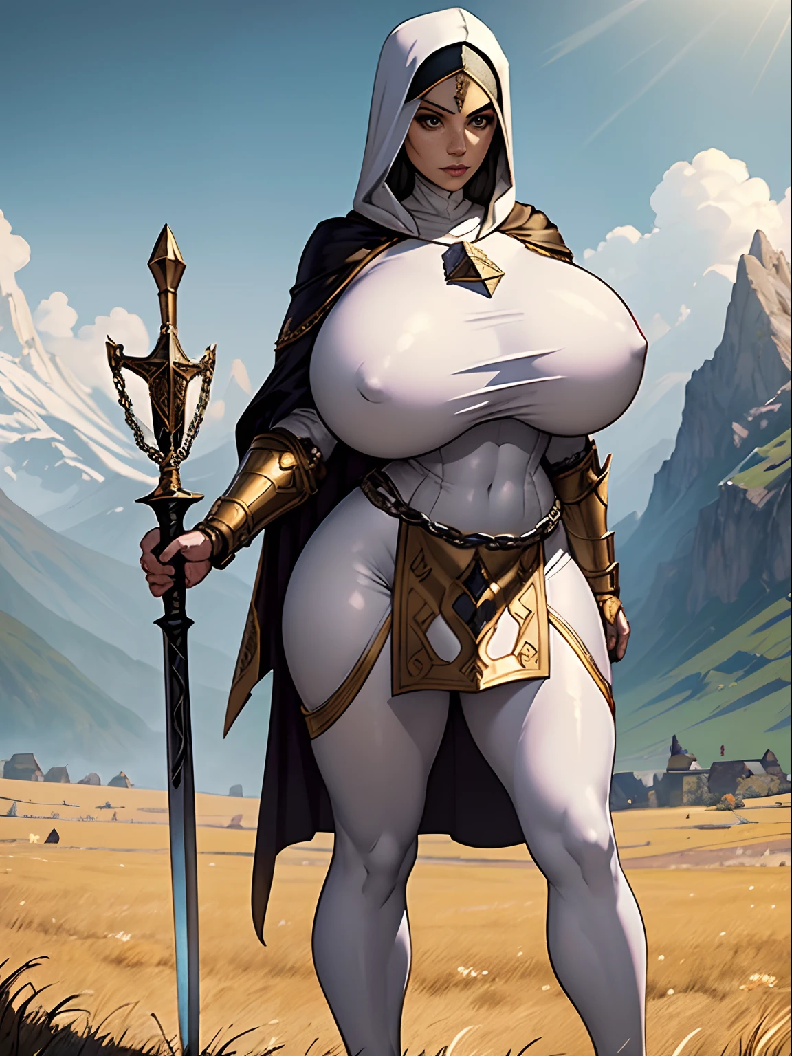 (masterpiece, top quality, best quality, official art, beautiful and aesthetic:1.2), (1girl:1.3), light freckles, fair skin, extremely detailed, portrait, looking at viewer, solo, (full body:0.6), detailed background, close up, (warm grasslands theme:1.1), holy paladin knight, charlatan, smirk, mysterious, swaying in mountains, modest attire, ornate white and gold armor, cowl, nun hood, wimple, boob armor, cowl, robe, chain mail, chainmail, leggings, chainmail leggings, chain mail leggings, breastplate, tabard, gorget, hood, pauldrons, greaves, armored, long boots, longsword, shield, cape, cloak, white fabric, pale leather, ((((gigantic breasts)))), slim waist, slim hips, long legs, medieval (mountain exterior:1.1) background, dark mysterious lighting, shadows, magical atmosphere, dutch angle,