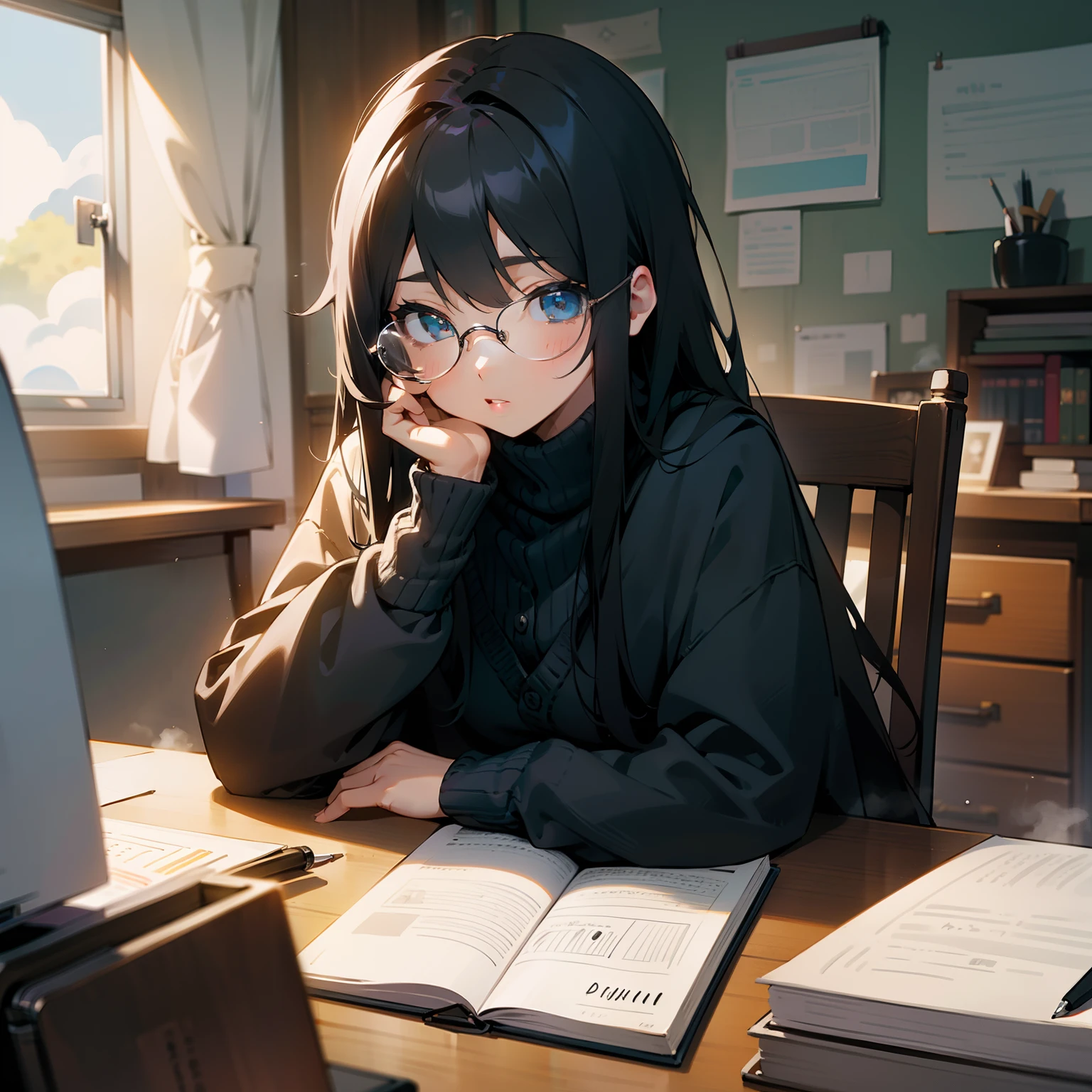 Cute room、One girl studying(sit a chair)、desk work(I have a notebook)、eye glass、Long Black Hair、Cardigan、Mug on desk(Steaming)、Thinking Face、Put the pen to your lips、View notes