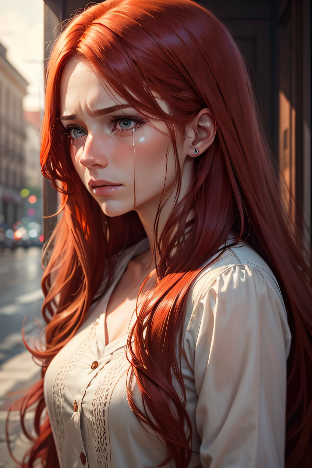 Redhead woman, long hair, with tears and very sad, super realistic 4k