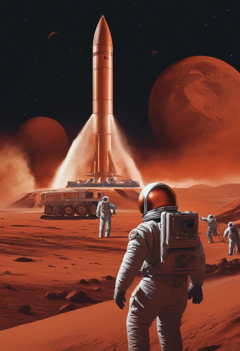 Soviet space mission on Mars, cosmonauts in the foreground and a rocket base in the aesthetic background of the 90s