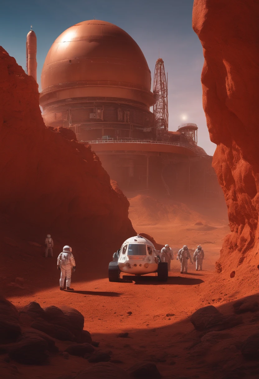 Soviet space mission on Mars, cosmonauts in the foreground and a rocket base in the aesthetic background of the 90s