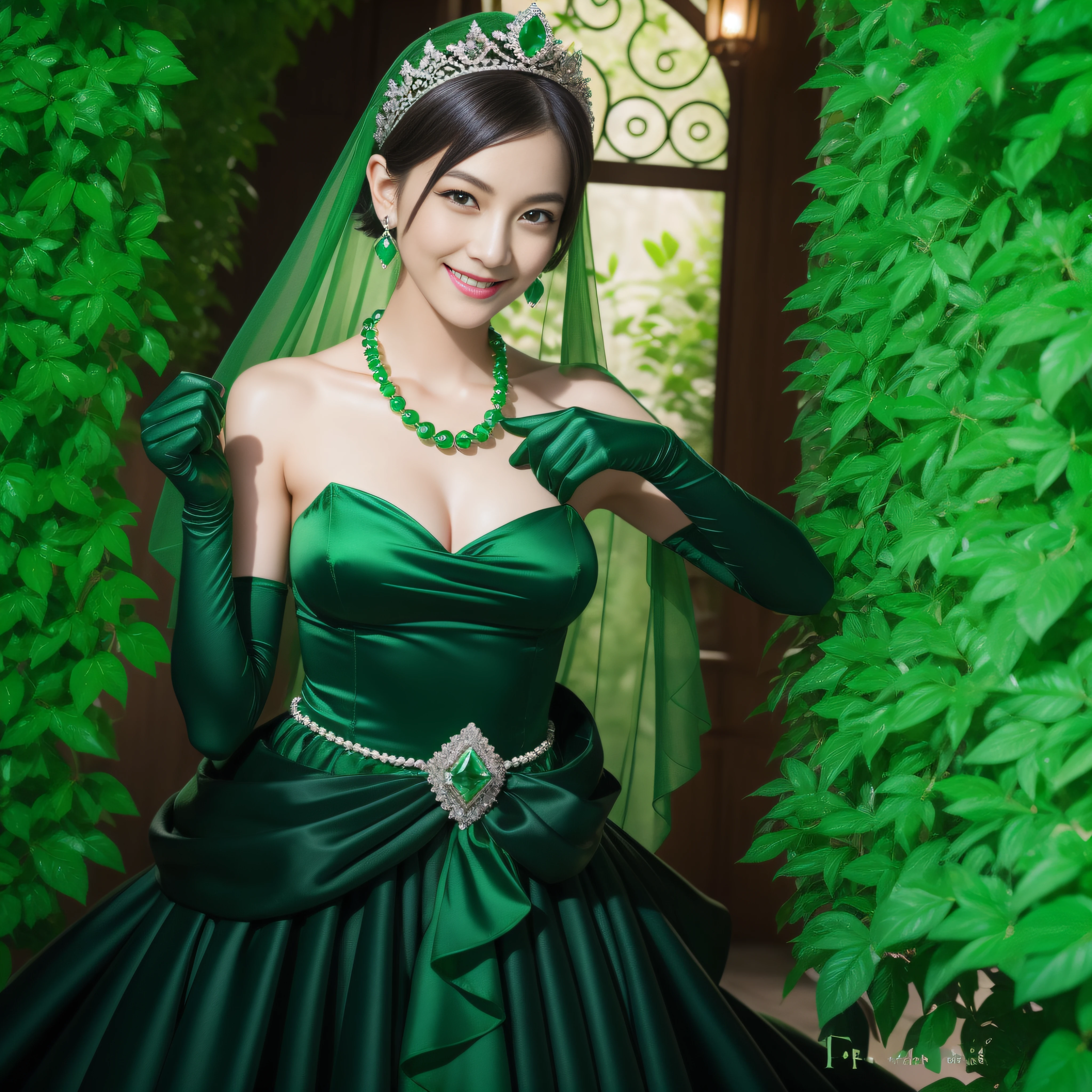 emerald tiara, Green Pearl Necklace, Boyish very short black hair, lipsticks, Japan woman smiling, very short short hair, fist, big breasts beautiful, Green eyes, Long green gloves made of satin material, Green eyes, Emerald Earrings