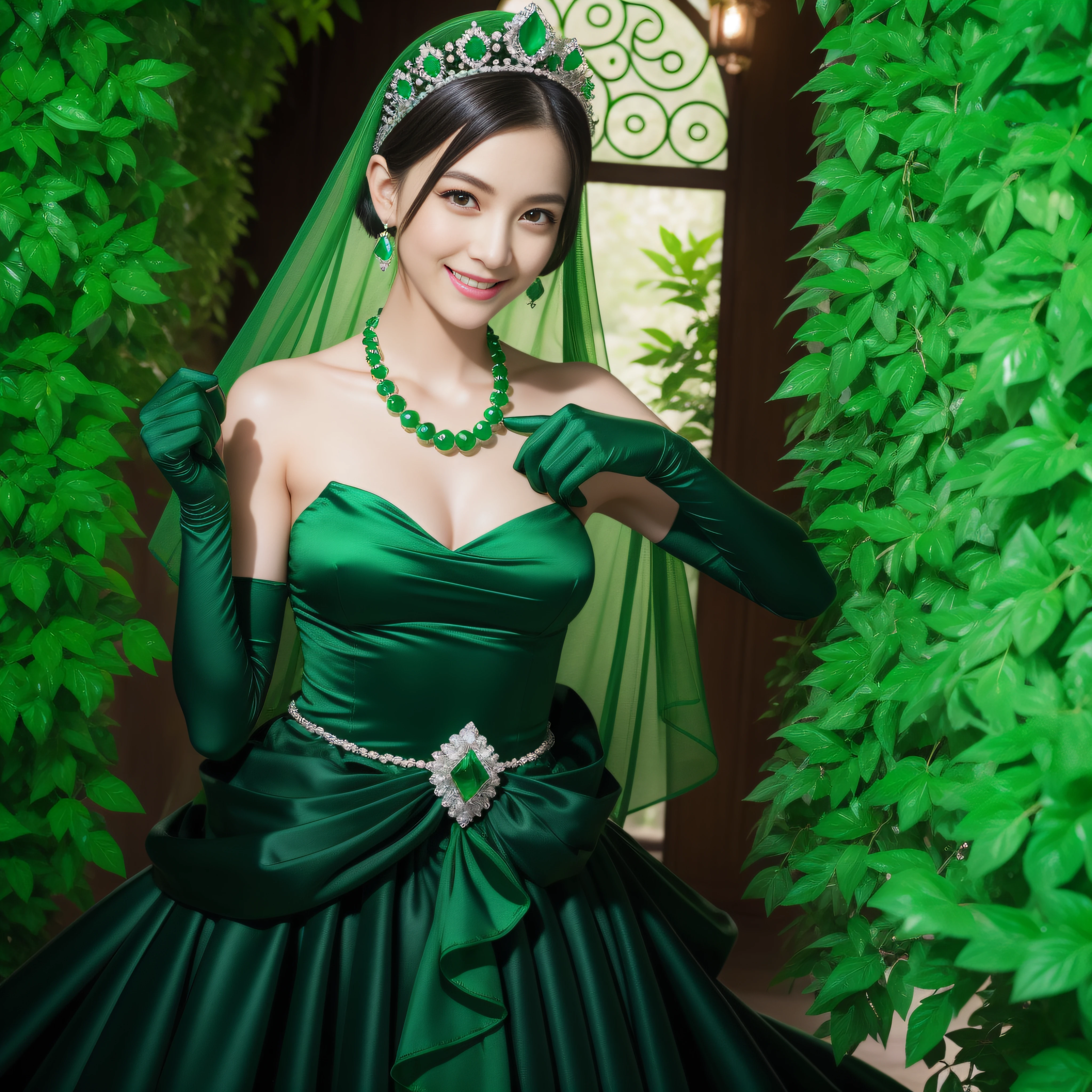 emerald tiara, Green Pearl Necklace, Boyish very short black hair, lipsticks, Japan woman smiling, very short short hair, fist, big breasts beautiful, Green eyes, Long green gloves made of satin material, Green eyes, Emerald Earrings
