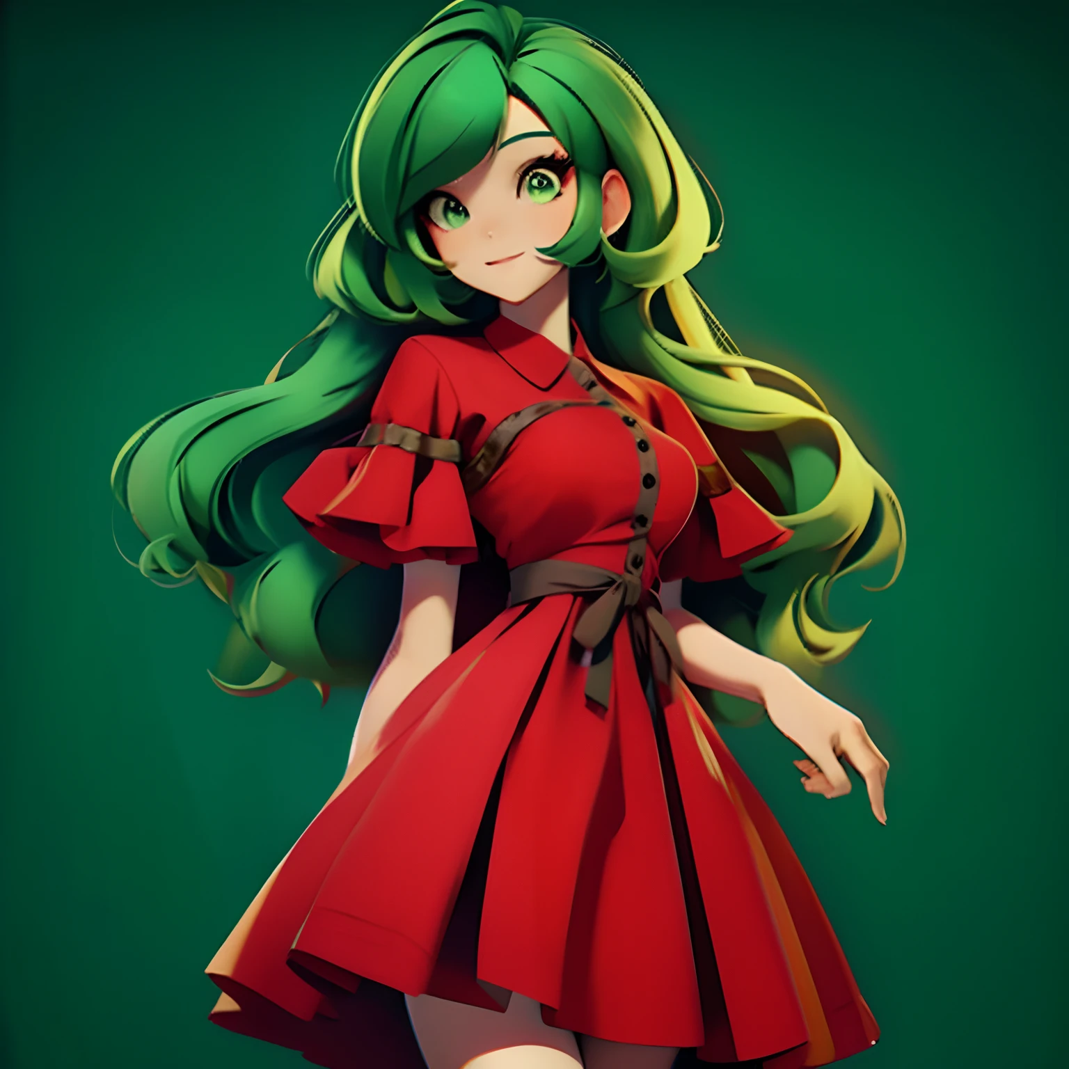 A girl red dress, green hair