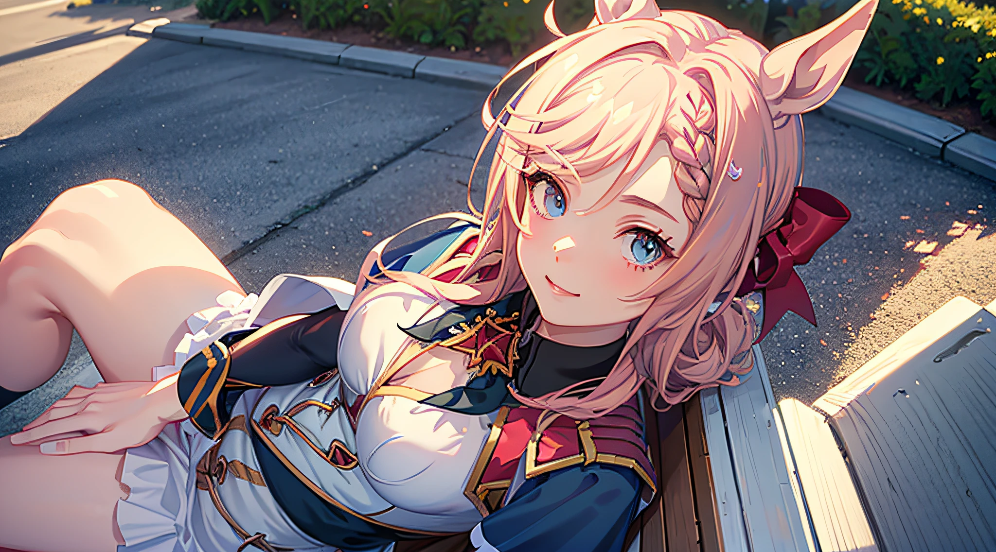 8k, best quality, masterpiece, highly detailed, semi-realistic illustration, 1girl, 16 years old, baby face, (Glowing eyes), venus park \(umamusume\), mature female, (small breasts), beautiful face, pink hair, looking at viewer, ((cute smiling)), sitting on a park bench, ((at the park, sunny day, in france)), (dynamic angle, face focus), from above:0.6, close up, (soft warm lighting)