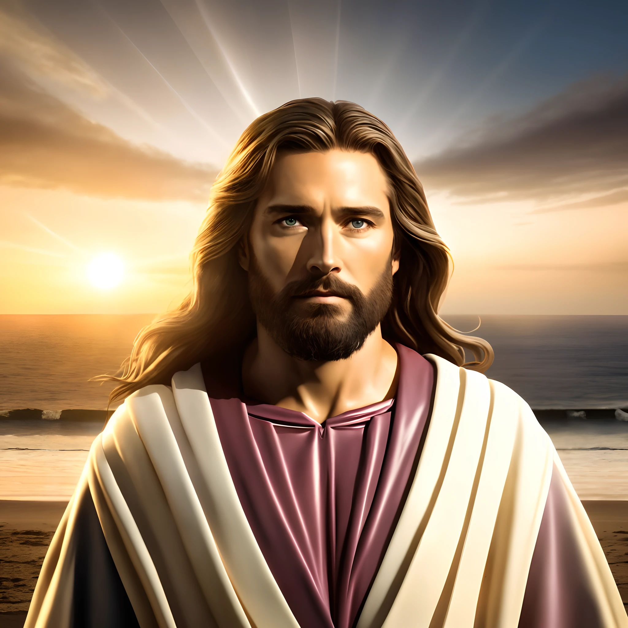 jesus is standing on the beach with a sunset in the background, jesus christ, portrait of jesus christ, jesus, jesus face, the lord and savior, greg olsen, jesus of nazareth, jesus walking on water, dressed like jesus christ, jesus christ in mass effect, he is greeting you warmly, majestic light, sun behind him, handsome stunning realistic