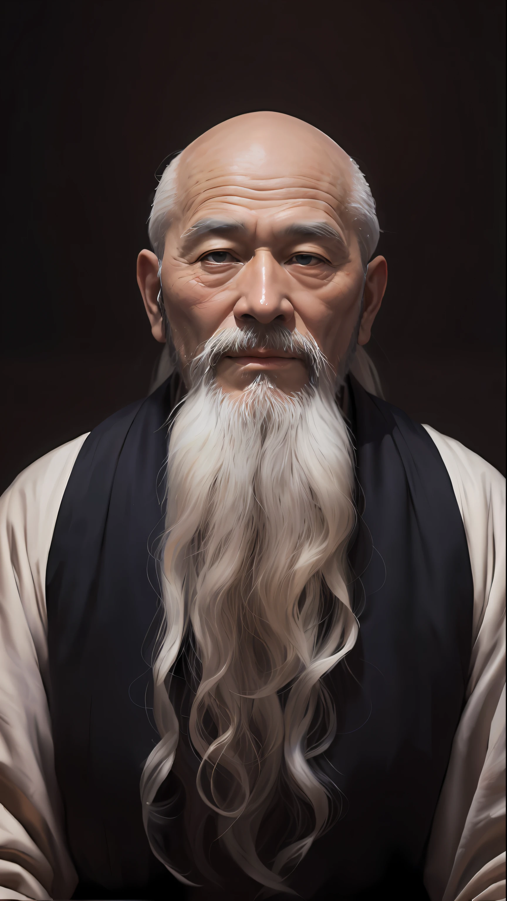 A close-up of an old monk with a long beard and a white beard, Taoist, bald-headed，Monk costume，inspired by Wu Daozi, portrait of monk, Taoist master, portrait photo of an old man, Inspired by Hu Zaobin, inspired by Hu Zao, Long white beard, inspired by Li Cheng, 7 0 mm portrait, 60mm portrait