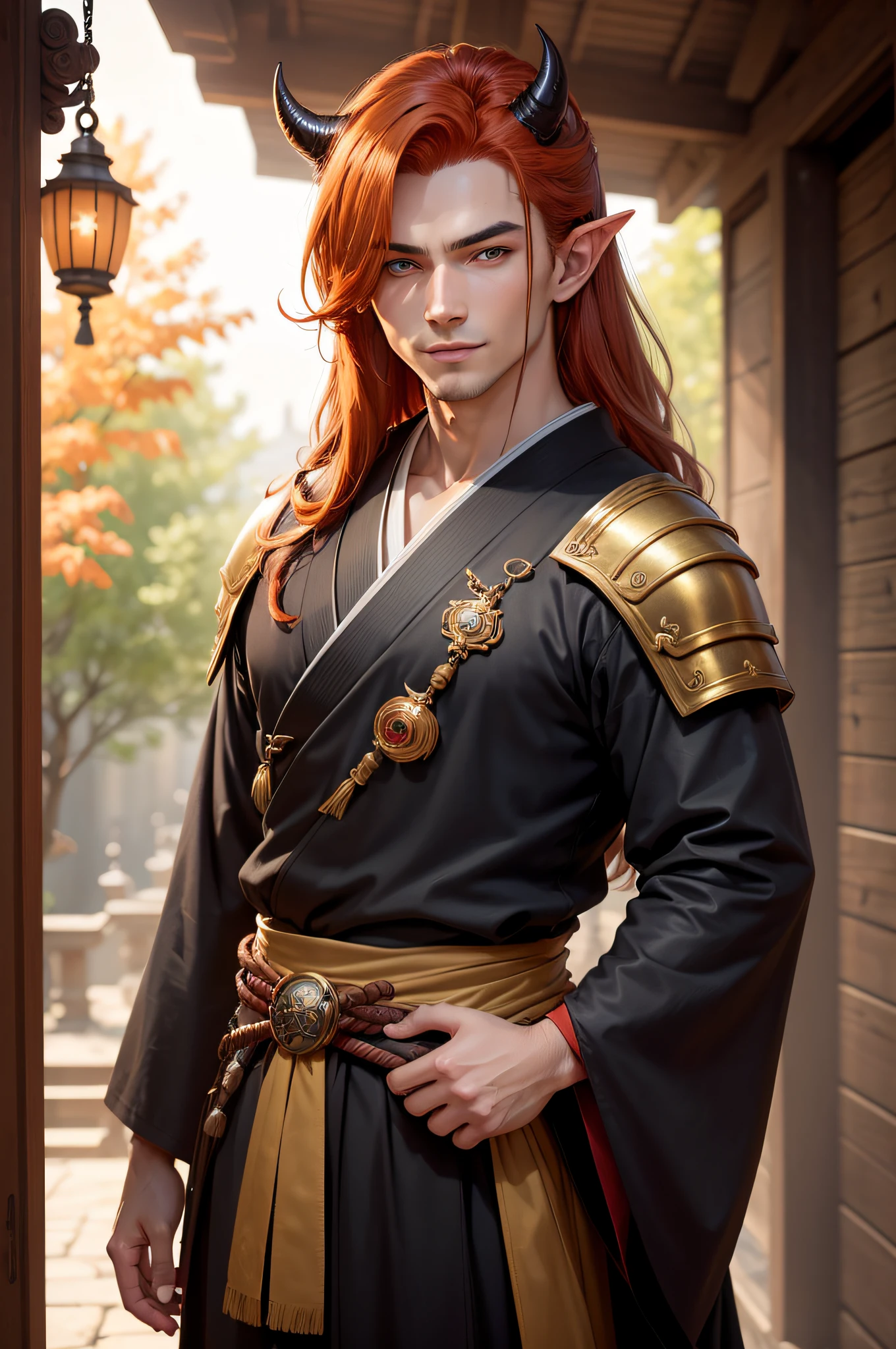 (masterpiece), best quality, ultra-high resolution, ((one man)), ((oni)), boy, male, elegant, expressive eyes, perfect face, half body, looking at viewer, dutch angle, cowboy shot, (long black-reddish hair), (golden eye color), long elf like ears, (one demon horn on the head), heavy armor, chest revealed, (old japanese clothing style), katana, light smile, detailed background, Extreme Detailgenauigkeit, 4K