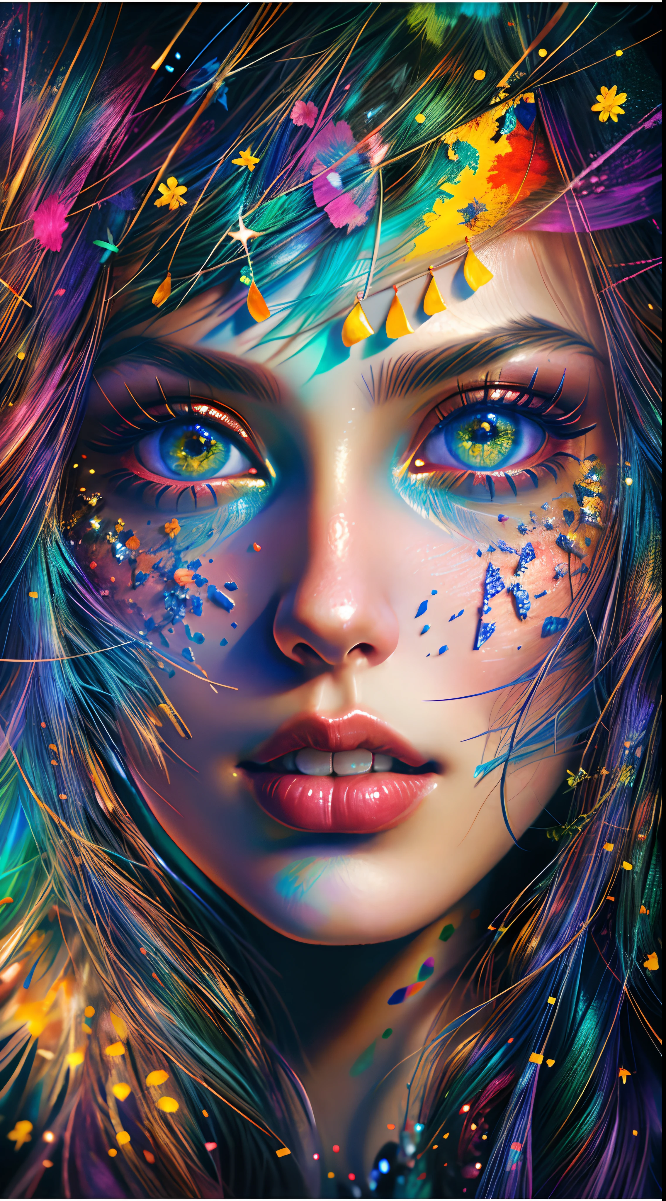 uma mulher com maquiagem colorida e arte de maquiagem, Arte bonita UHD 4K, arte de fantasia digital colorida, Arte digital realista 4K, Arte digital realista 4K, Arte Digital 4K, arte digital 4k, colorido e escuro, lindo arte digital, Arte de Alessandro Pautasso, pintura digital vibrante, Arte digital altamente detalhada em 4k, arte digital impressionante