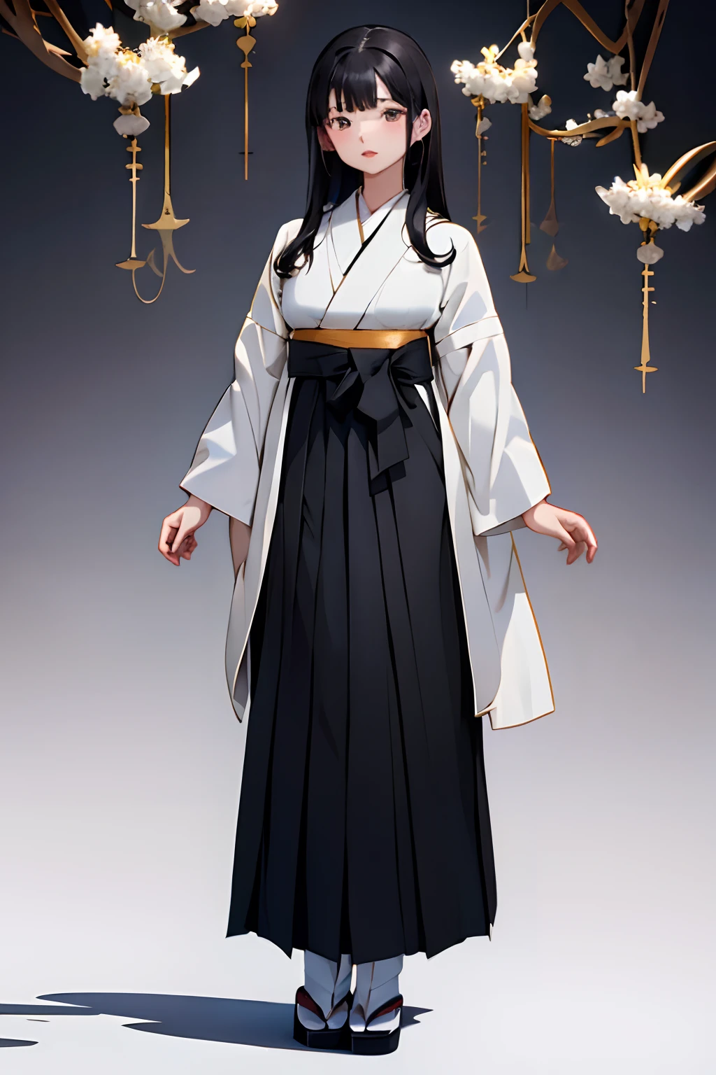 top-quality、​masterpiece、(((1 girl in)))、Solo、((Black background:1.1))、Black background、Full Body Angle、(((White jacket and black hakama:1.3)))、Hakama、Dignified appearance、Standing、Golden Platform Sandals、golden sandals、black backgrounds、A dark-haired:1.5、Brown eyes、red-lips、white  clothes、Black and white world、Black and white world、light skinned、Long straight hair、Silky black hair、