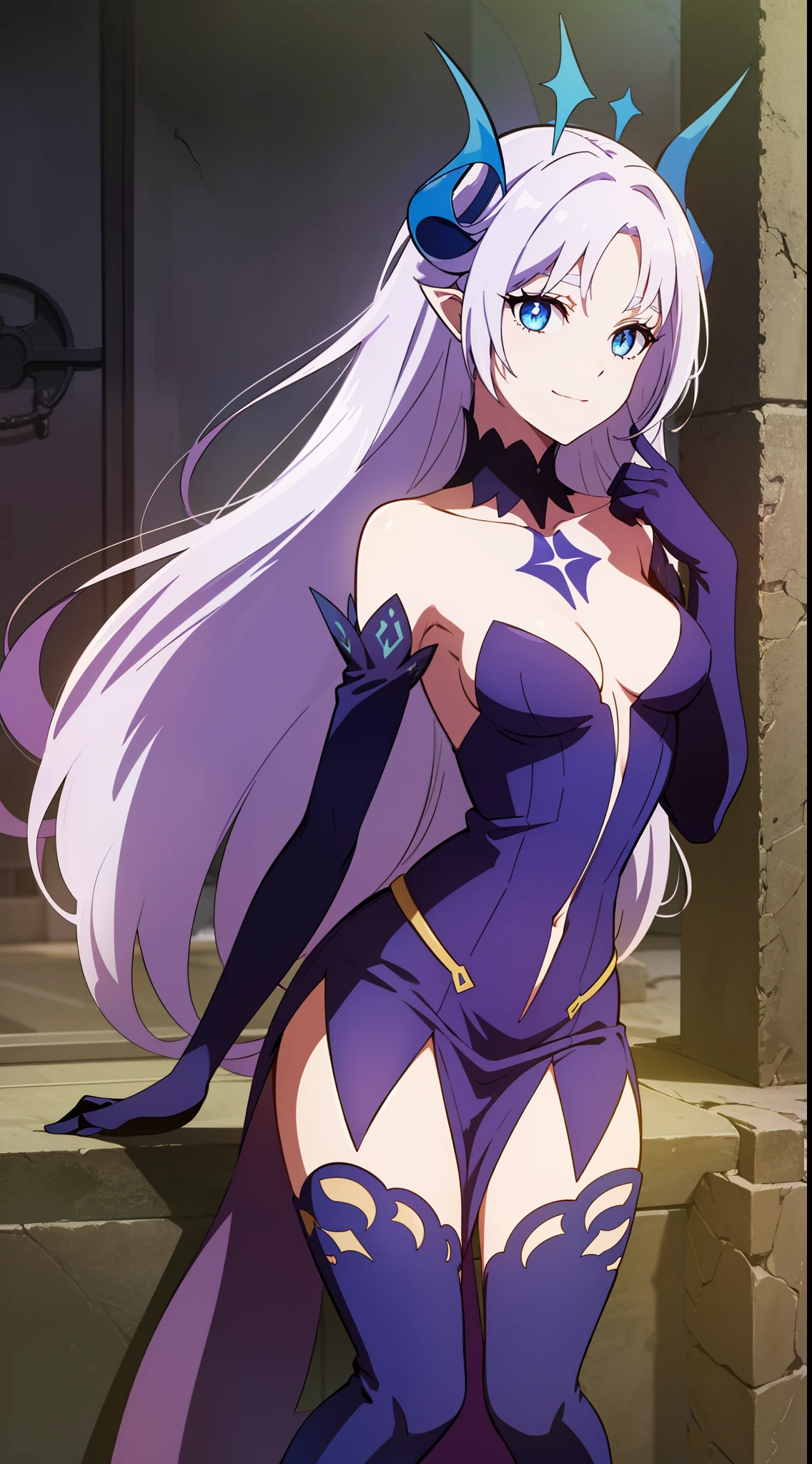 2D, HD, Detailed details, Detailed landscapes, beautiful lights, Beautiful Shadows, top-quality, Highly detailed, masterpiece, best quality, highres, solo, 1girl, luciela1-000005:1>, ishtar1, long hair, white hair, small breasts, closed mouth, smile, looking at viewer, highly detailed hands, highly detailed eyes, cleavage, Perfect hands, highly detailed face, full body, anime styled,