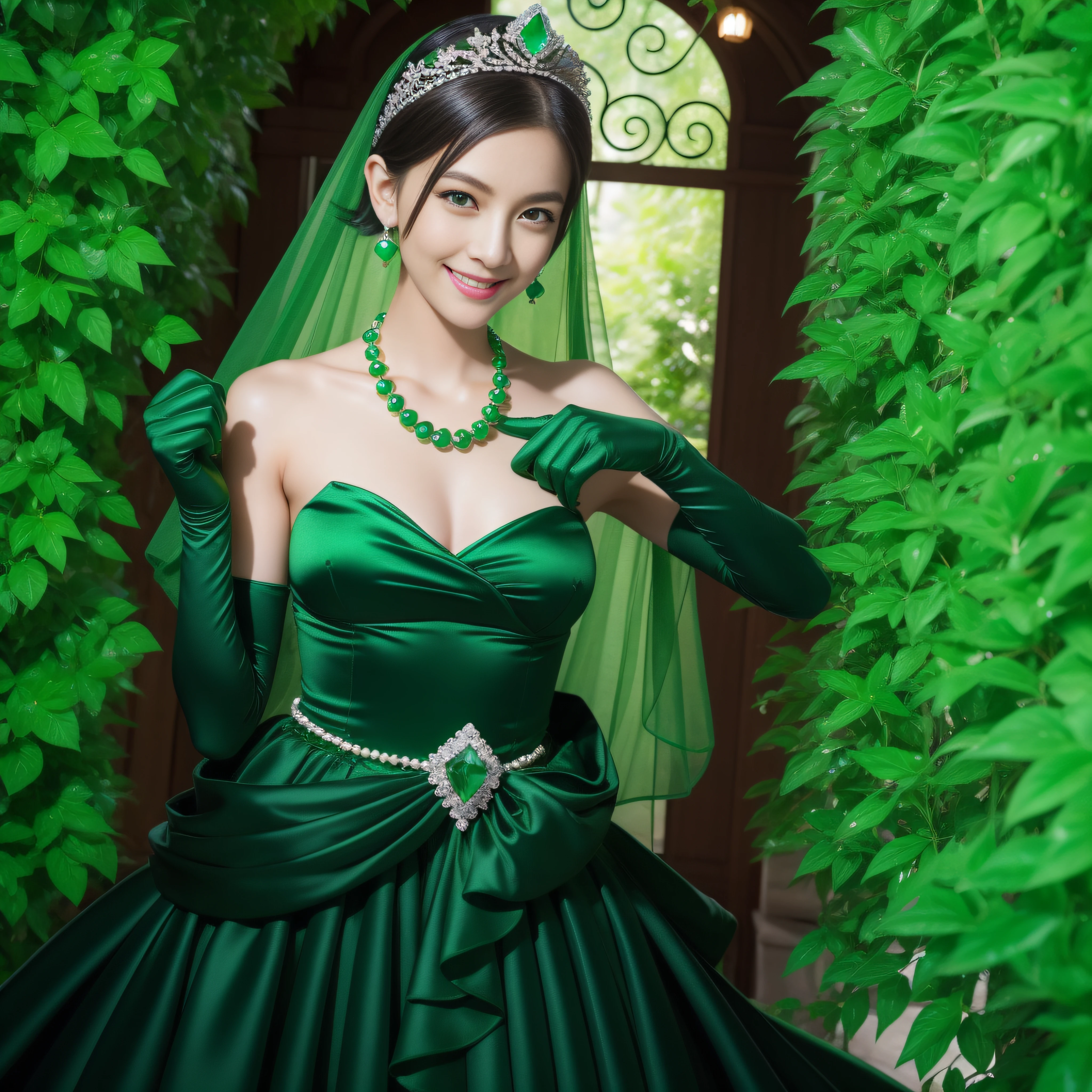 emerald tiara, Green Pearl Necklace, Boyish very short black hair, lipsticks, Japan woman smiling, very short short hair, fist, big breasts beautiful, Green eyes, Long green gloves made of satin material, Green eyes, Emerald Earrings