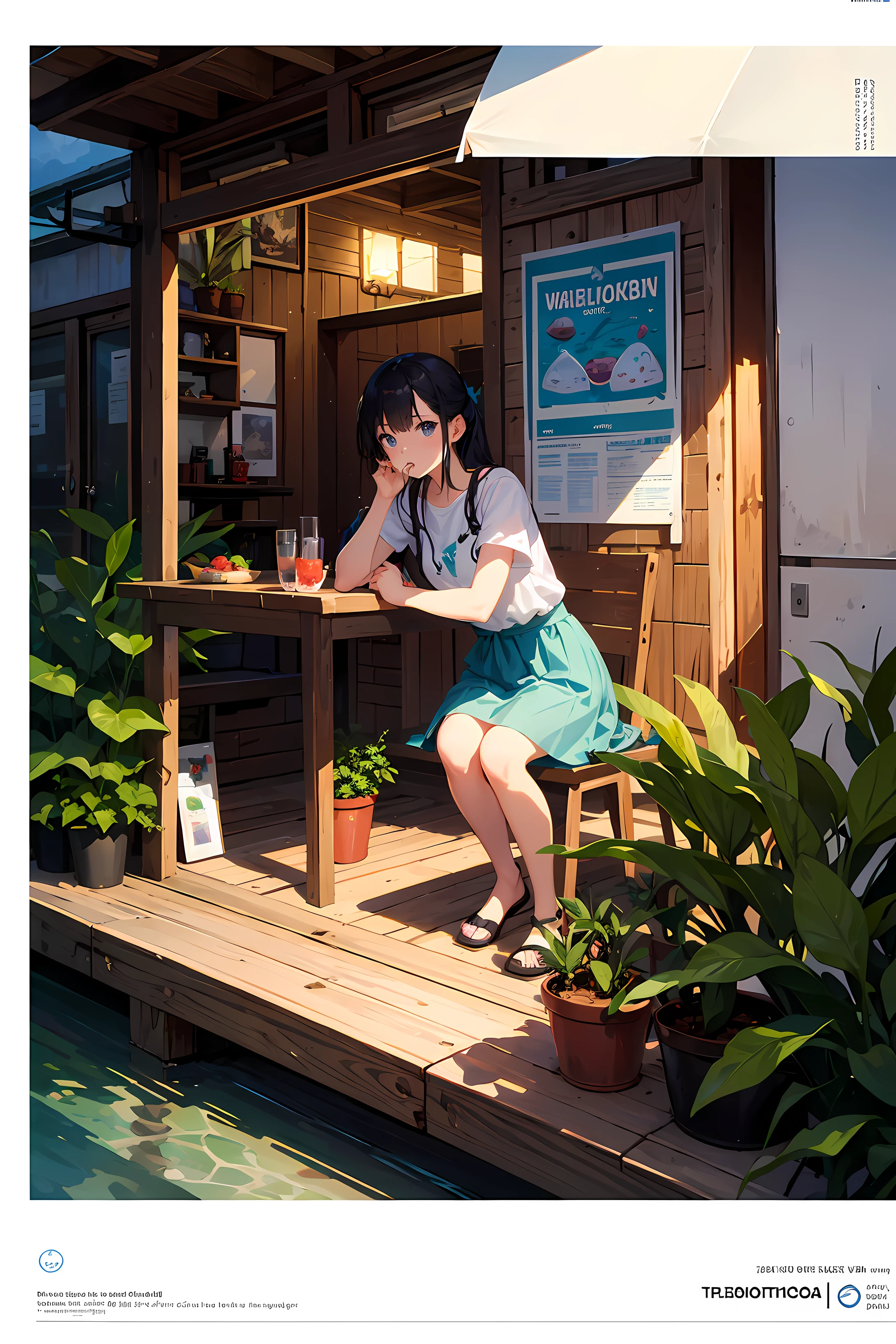 wall-paper, poster for, drinks, Ice cubes, Watermelon, Tropical Plants, Hot weather, HD Detail, Moist Watermark, Ultra Detail, movie, Hyper-Realism, Soft light, Deep focus bokeh, Ray tracing, distracted (Ultra-fine glass reflection) and Surrealism - Rainbow 5,Girl eating yakisoba at a beach house.