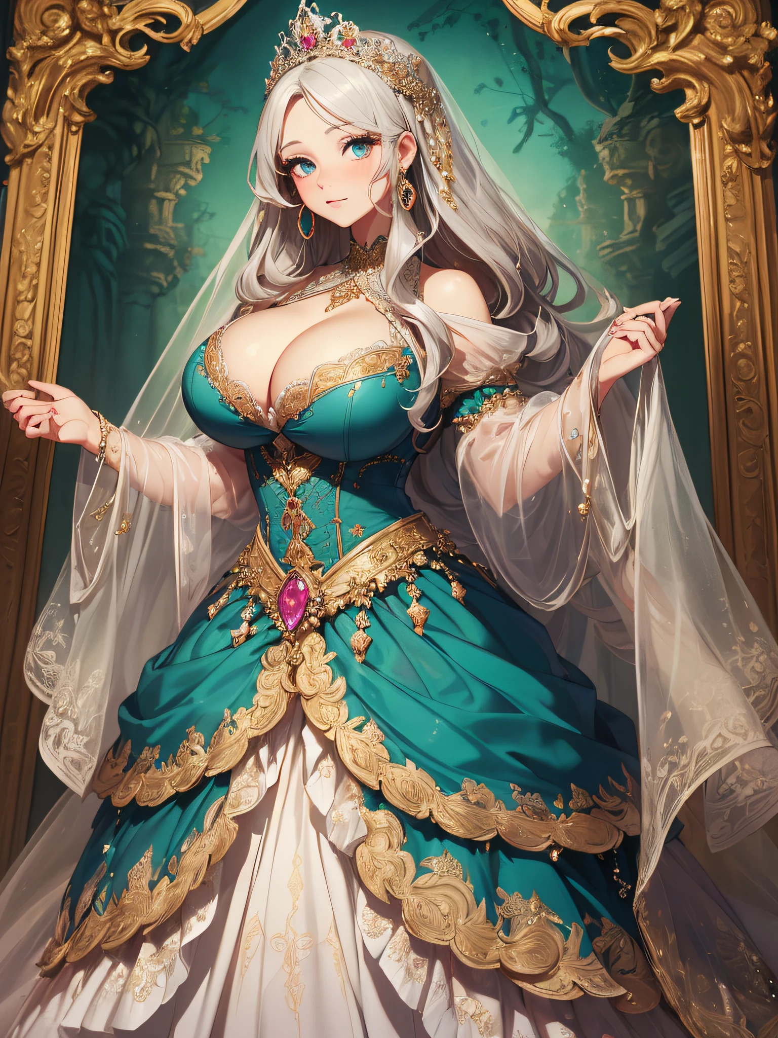 ((anime artstyle)),(Masterpiece),(Best Quality), (Super Detail),((Very Delicate and Beautiful)),cinematic lighting,1 lady,((full body portrait)),((solo)),digital art,(((1 princess in beautiful embroidery and jeweled gorgeous princess rococo ballgown with voluminous full length hoop skirt))),crinoline,long train,((beautiful embroidery and jeweled)),voluminous frills,See-through,(gorgeous embroidery and beautiful lace),(((gigantic tits,skindentation,gigantic cleavage breasts))),cleavage,((large amount of straight hair,extremely voluminous Hair,Very Long Straight Hair)),((finely detailed face and eyes)),clear pupil,extremely gorgeousfull hair ornament,(bling-bling jeweled extremely gorgeousfull tiara),(bling-bling gorgeous gemstone jewelry),long veil,(beautiful background),(full body),((gorgeous princess rococo ballgown with voluminous full length hoop skirt))