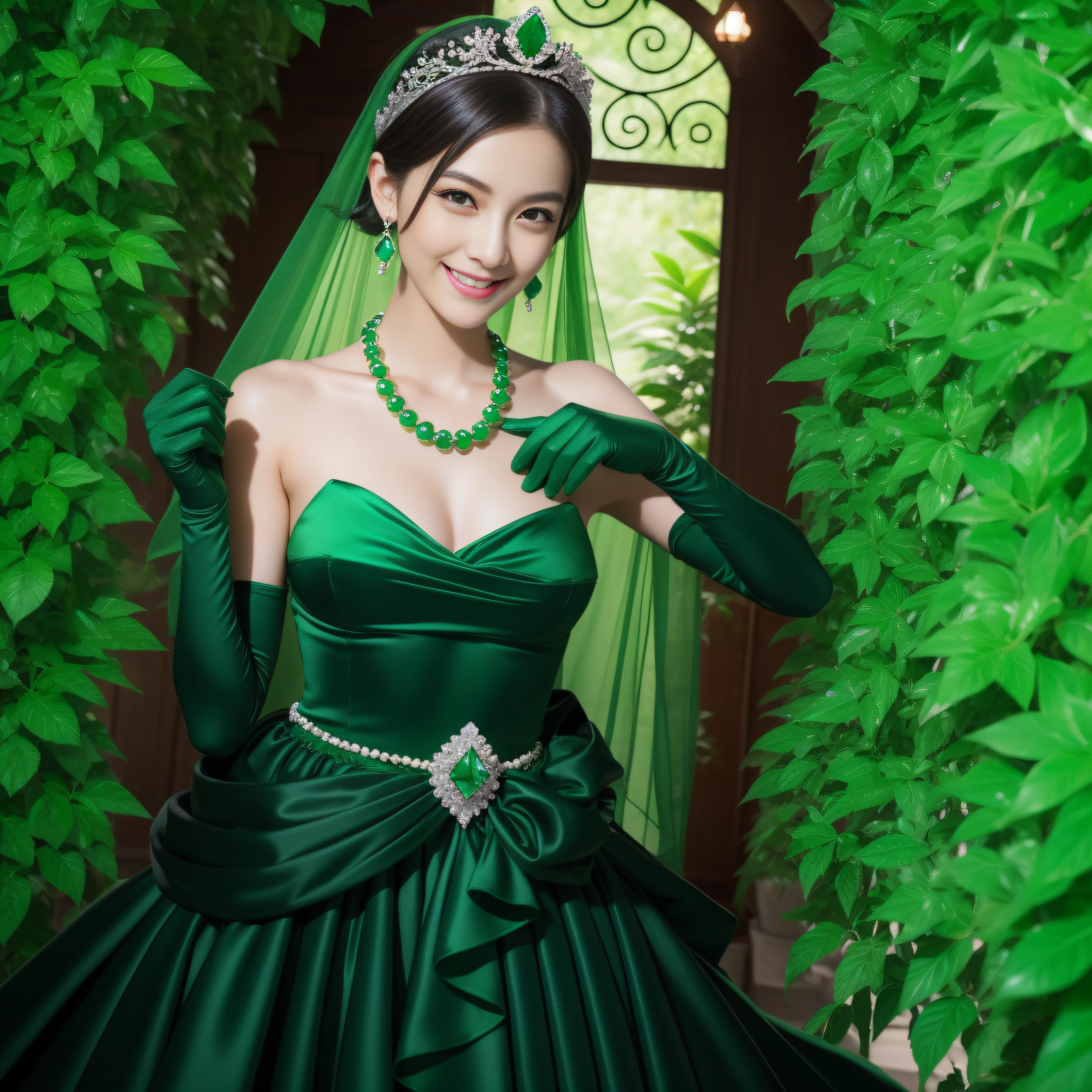 emerald tiara, Green Pearl Necklace, Boyish very short black hair, lipsticks, Japan woman smiling, very short short hair, fist, big breasts beautiful, Green eyes, Long green gloves made of satin material, Green eyes, Emerald Earrings