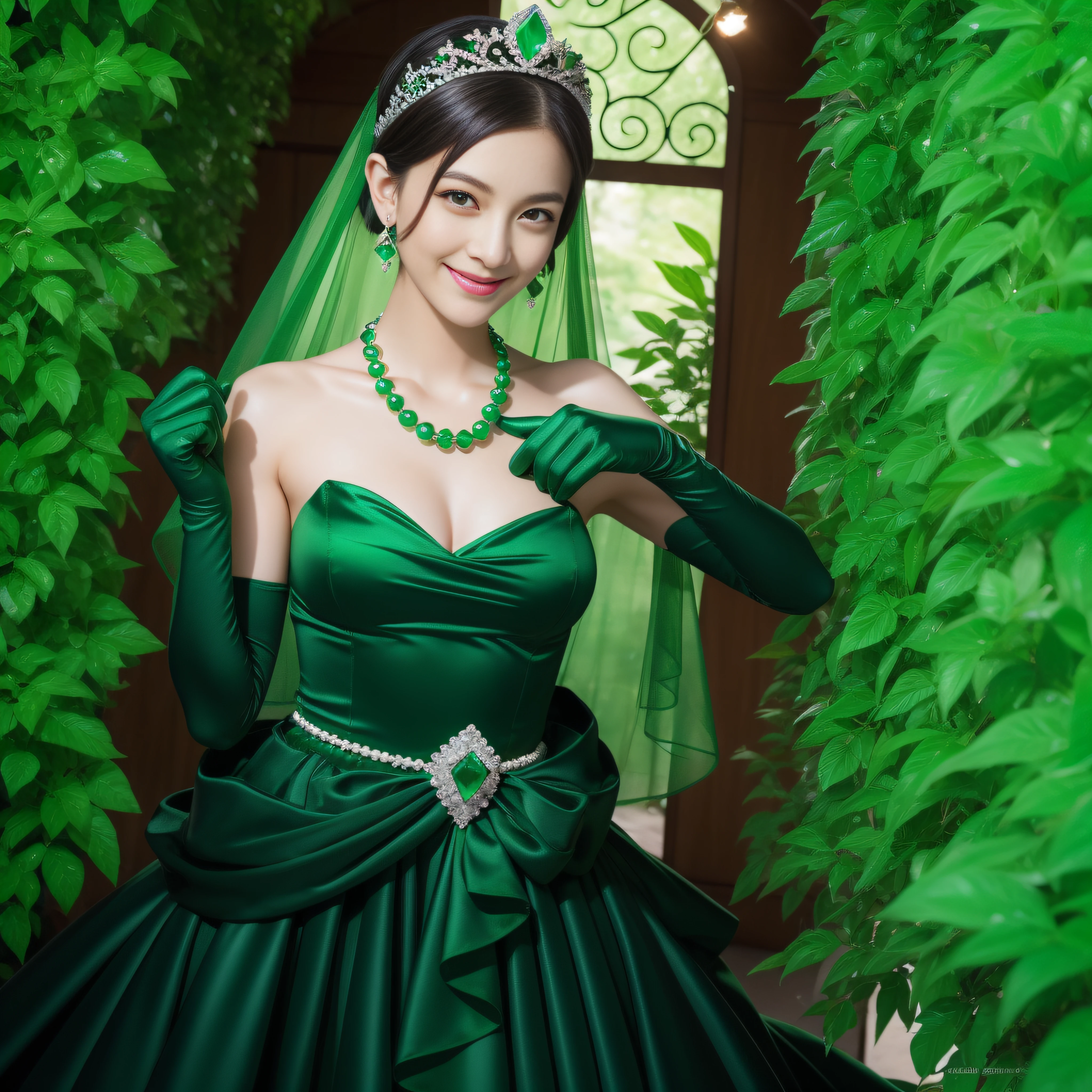 emerald tiara, Green Pearl Necklace, Boyish very short black hair, lipsticks, Japan woman smiling, very short short hair, fist, big breasts beautiful, Green eyes, Long green gloves made of satin material, Green eyes, Emerald Earrings