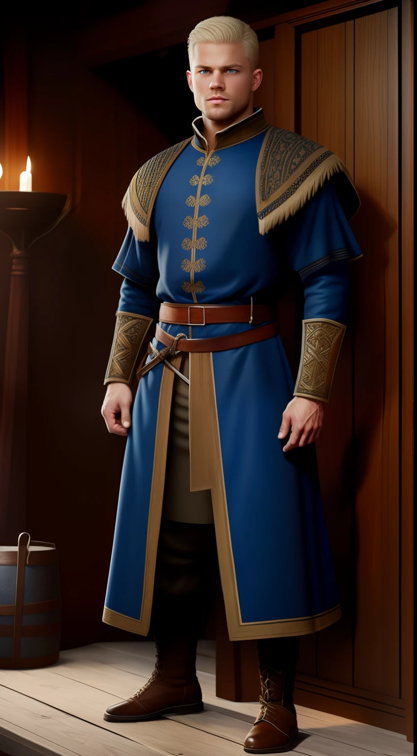 Full body, Young muscle Man, nordic features, happy features, blue eyes, medieval clothes, blond short hair, photorealistic