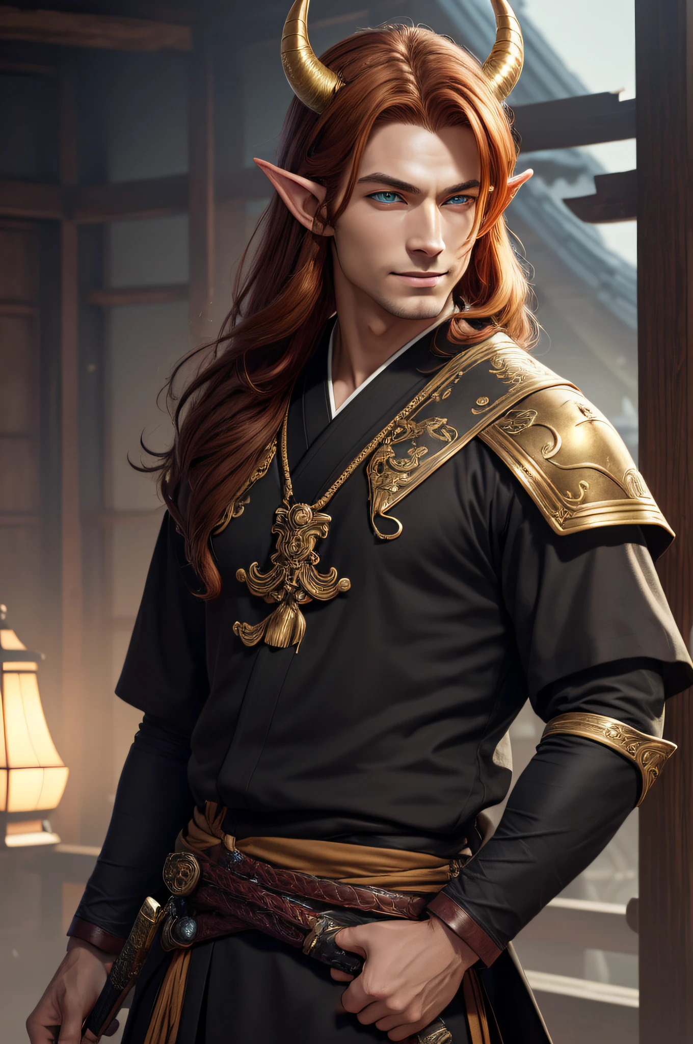 (masterpiece), best quality, ultra-high resolution, ((one man)), ((oni)), boy, male, elegant, expressive eyes, perfect face, half body, looking at viewer, dutch angle, cowboy shot, (long black-reddish hair), (golden eye color), long elf like ears, (one demon horn on the head), heavy armor, chest revealed, (old japanese clothing style), katana, light smile, detailed background, Extreme Detailgenauigkeit, 4K