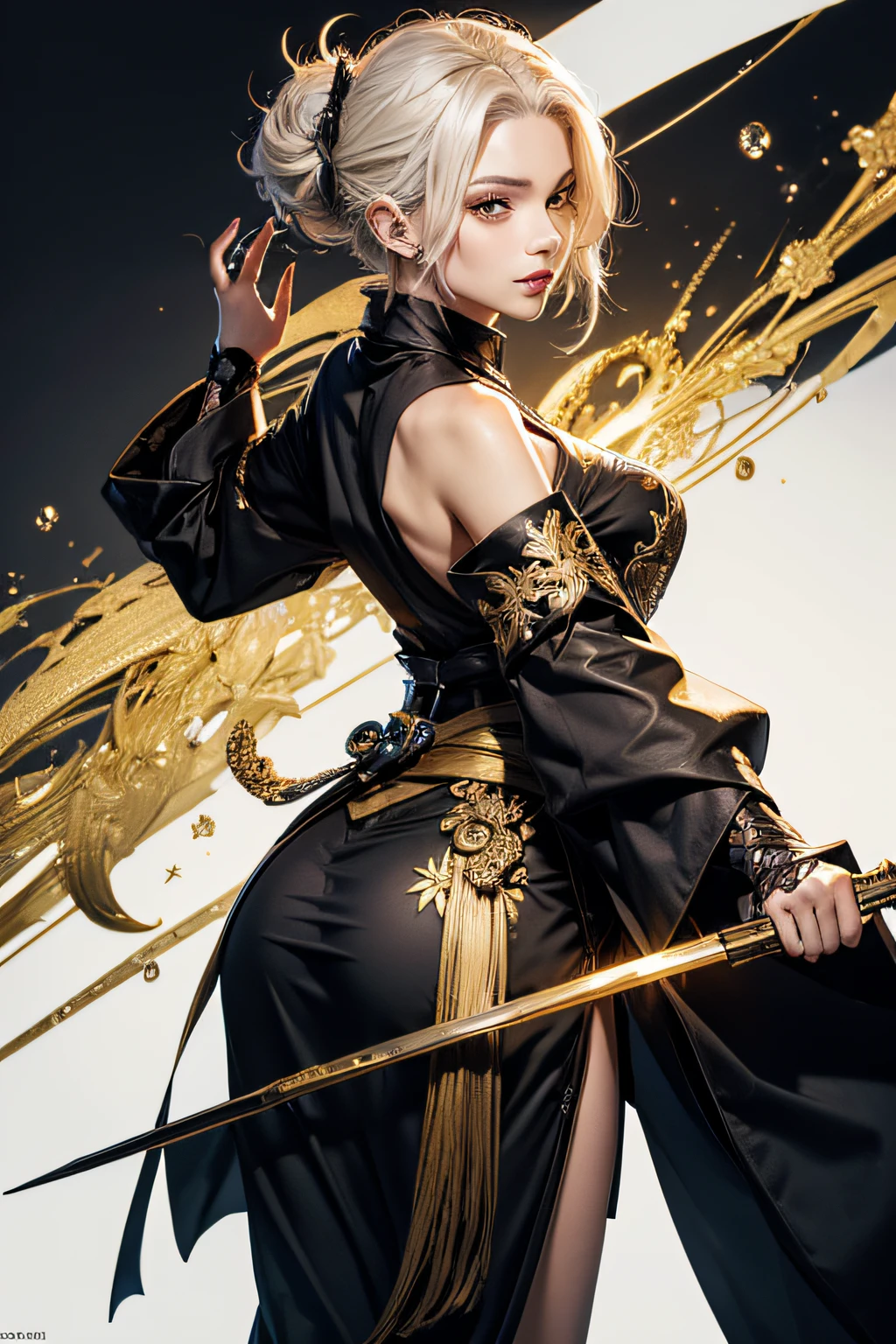 ((Meisterwerk)),(((best quality))),(Charakter-Design-Blatt,Gleicher Charakter,Vorder-,Seite,Back), 1Junge, nur, short white hair, Rote Augen, Meisterwerk, best quality, Schauen Sie sich um, full entire body, tall,Detailliert, Smileing, Schwarzes kimono mit goldenen Muster, Konzeptzeichnung, character concept art, Charakterbild, Referenzblatt, Charakterbogen, (Einfacher Hintergrund, white background: 1.3)