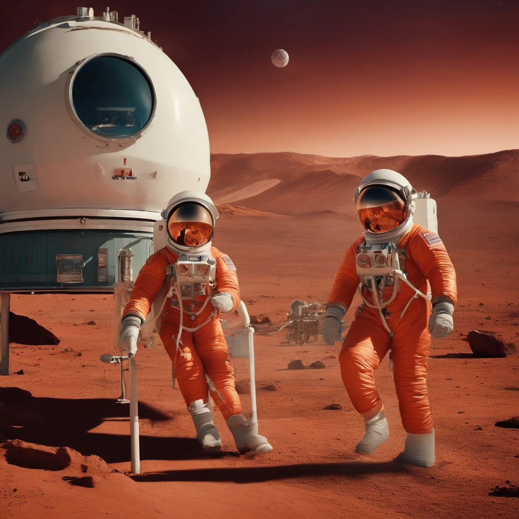 Cosmonauts on Mars rocket base in the aesthetic background of 1960