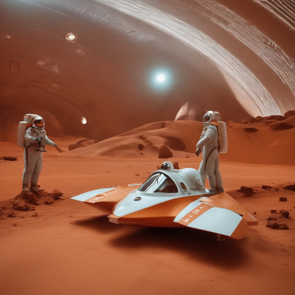 Cosmonauts on Mars rocket base in the aesthetic background of 1960