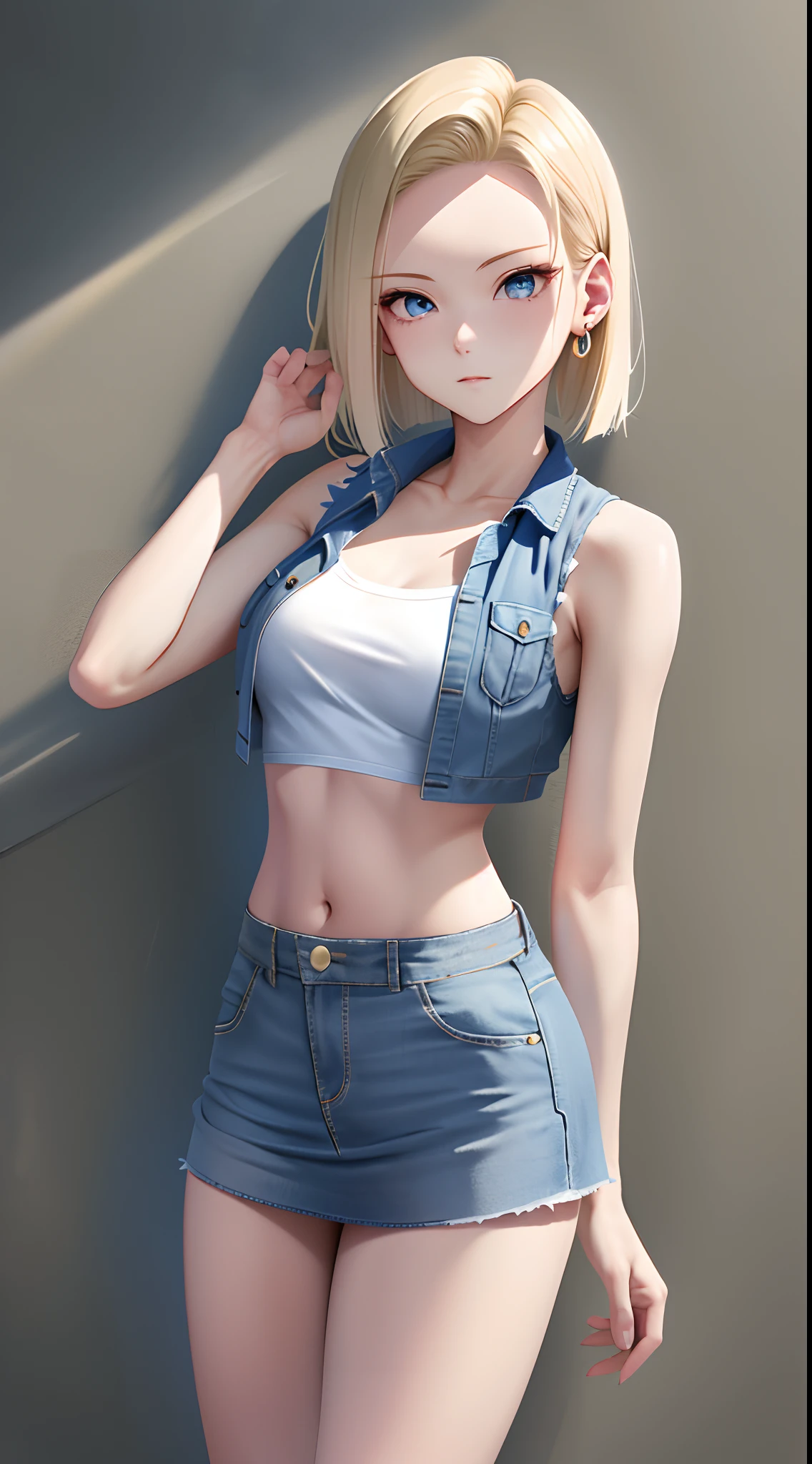 top-quality, hight resolution, 18 with, 1girl in, Android 18, 独奏, blonde  hair, e Blue Eyes, short detailed hair, 耳Nipple Ring, Open her legs,white panty、White shorts、jewely, Denim Vest, open vest,Open your crotch to expose your pants、Open your crotch to expose your white panties、Sitting on a high chest、Knees upright and legs open、Condescending on you、You can see white panties on the knees, Black shirt, Denim Mini Skirt,Sleeveless、Beautiful facial features、Right foot posture、I could see the white panties......、Beautiful navel、beautiful thigh、 blueskirt, medium breasts⁩, cowboy  shot, Street, cropped shoulders, No shoulder strap,