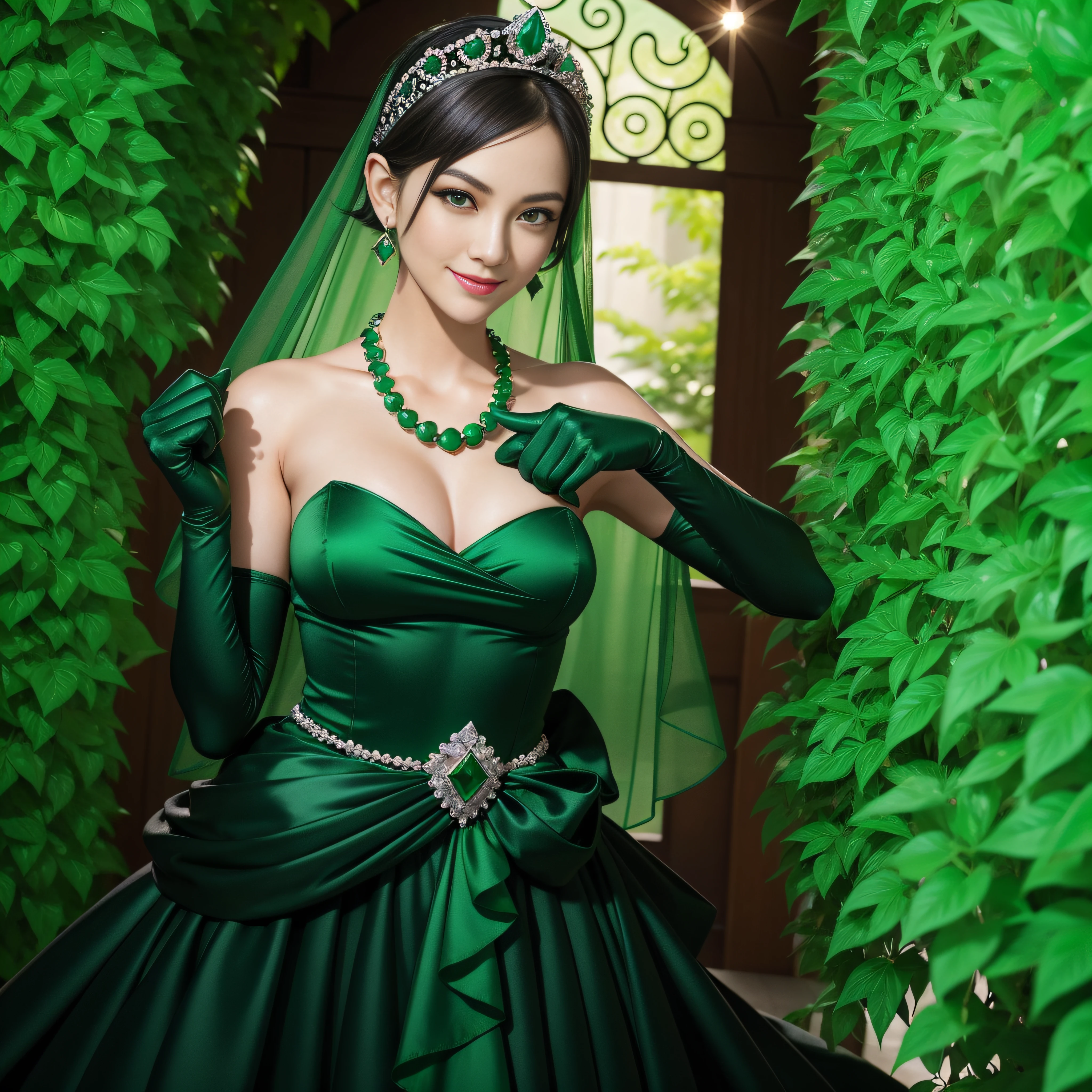 emerald tiara, Green Pearl Necklace, Boyish very short black hair, lipsticks, Japan woman smiling, very short short hair, fist, big breasts beautiful, Green eyes, Long green gloves made of satin material, Green eyes, Emerald Earrings
