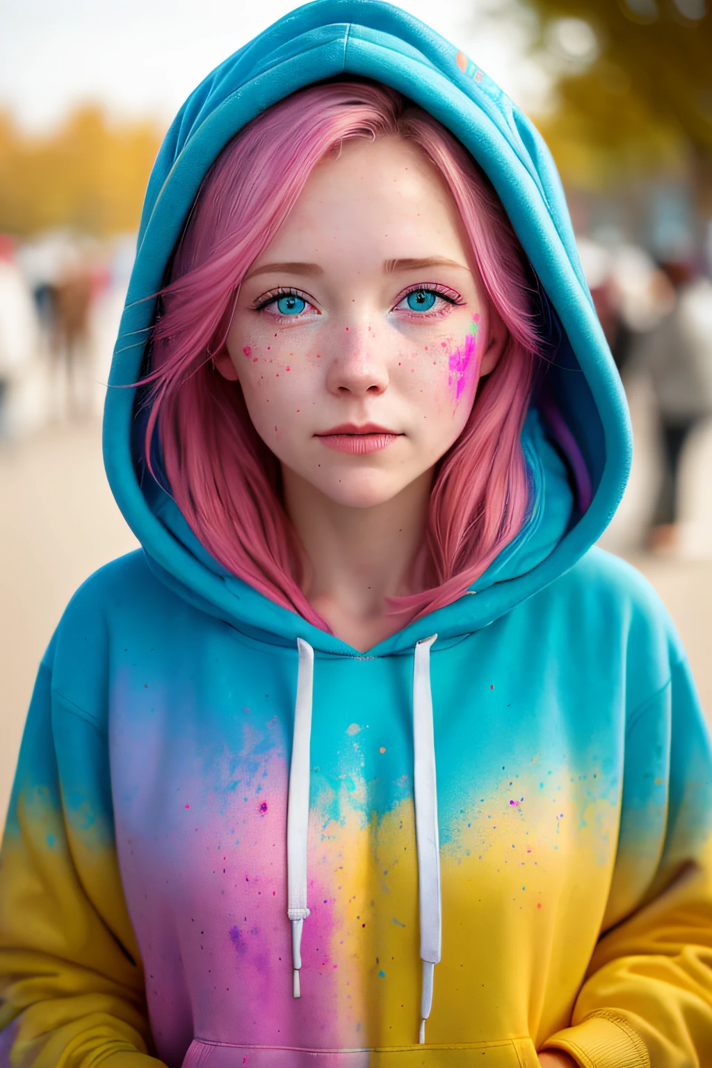 beautiful American college woman, wearing hoodie, looking at viewer, holi color festival, portrait, hyper detailed POV, by lee jeffries, nikon d850, film stock photograph ,4 kodak portra 400 ,camera f1.6 lens ,rich colors ,hyper realistic ,lifelike texture, dramatic lighting , cinestill 800,