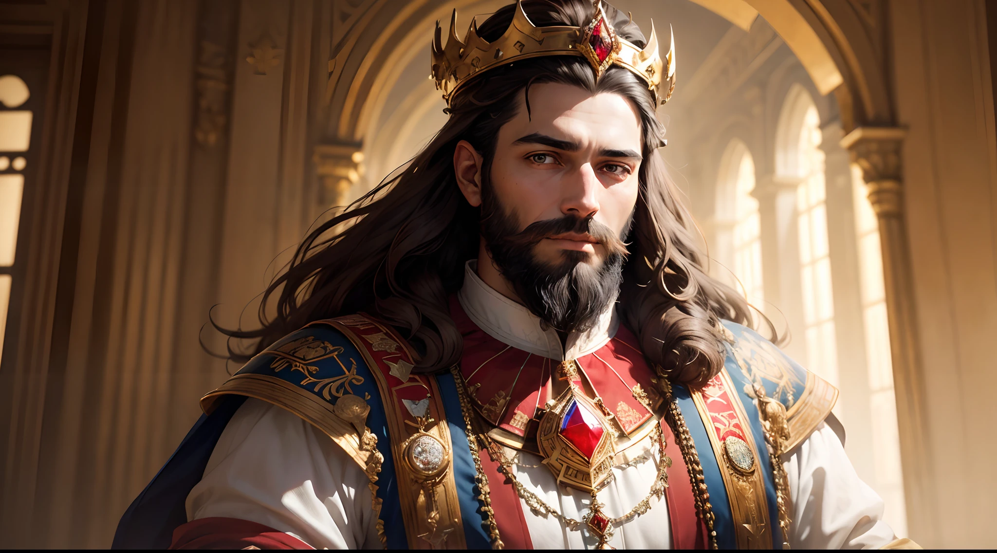 RAW photo, portrait of King Solomon, 40 year old man with a beard and long black hair, wearing the clothes of a King, (very detailed clothing), wearing a golden crown with red jewels, (very detailed crown), pale skin, slim body, normal smile, sharp focus, elegant, (ancient temples background) (highly detailed skin: 1.2), sharp features, 32k, 16k, uhd, soft lighting, high quality, film grain, Fujifilm XT3 --auto --s2