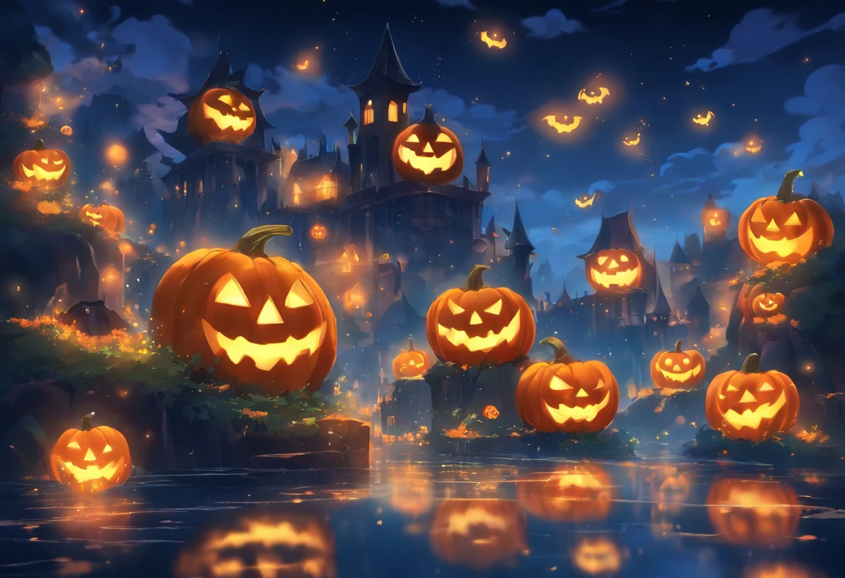 Halloween Floating Lights, Cinematographic light and reflection, glowing lights, Intermediate elements of the metaverse,digital painting, reflets brillants, Reflect, Halloween Jack-o'-lantern, Nuit calme, digital illustration, Belle ambiance, Skylights at night, Quiet atmosphere in the evening, Jack-o'-lantern, Halloween, La nuit, Thémon, The game scene, Halloween, Surrounded by clouds, Buildings in medieval Europe, Enamelled tiles, UE, Des couleurs magnifiqUEs, Il y a trois arches au premier plan((encre de couleur)), ( (Splash the ink ) ), ((Splash the ink) Inky})), tmasterpiece, High career, De beaux graphismes, high details,magnifiqUE