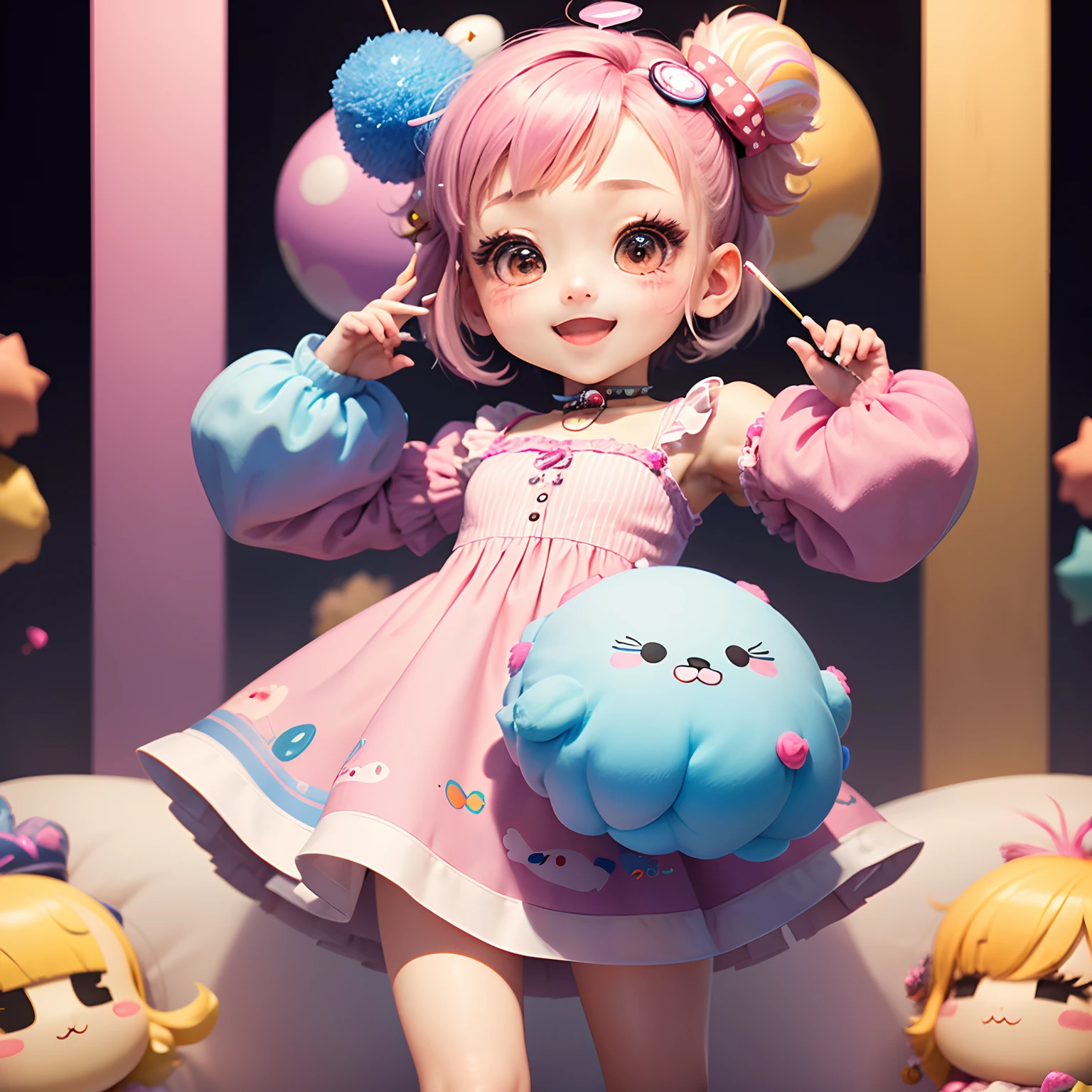 ((best quality)), ((ultradetailed)), ((masterpiece)), Super cute girl&#39;s full body 3D art, 1 girl, pretty eyes, big eyes, cute, happy, c4d, pop Matt Blind Box, glowing bubbles, toys, solid color background, chibi, fluorescent translucent, glowing body, kawaii, doll, T pose, reference sheet, pop mart blind box, Pixar, intricate detail, 3d rendering, blender, OC renderer, sheet reference foll body, dribble, high detail, 8k, studio lighting, loli, petite, child, chibi , character SD:1.1, resolution: 4K.