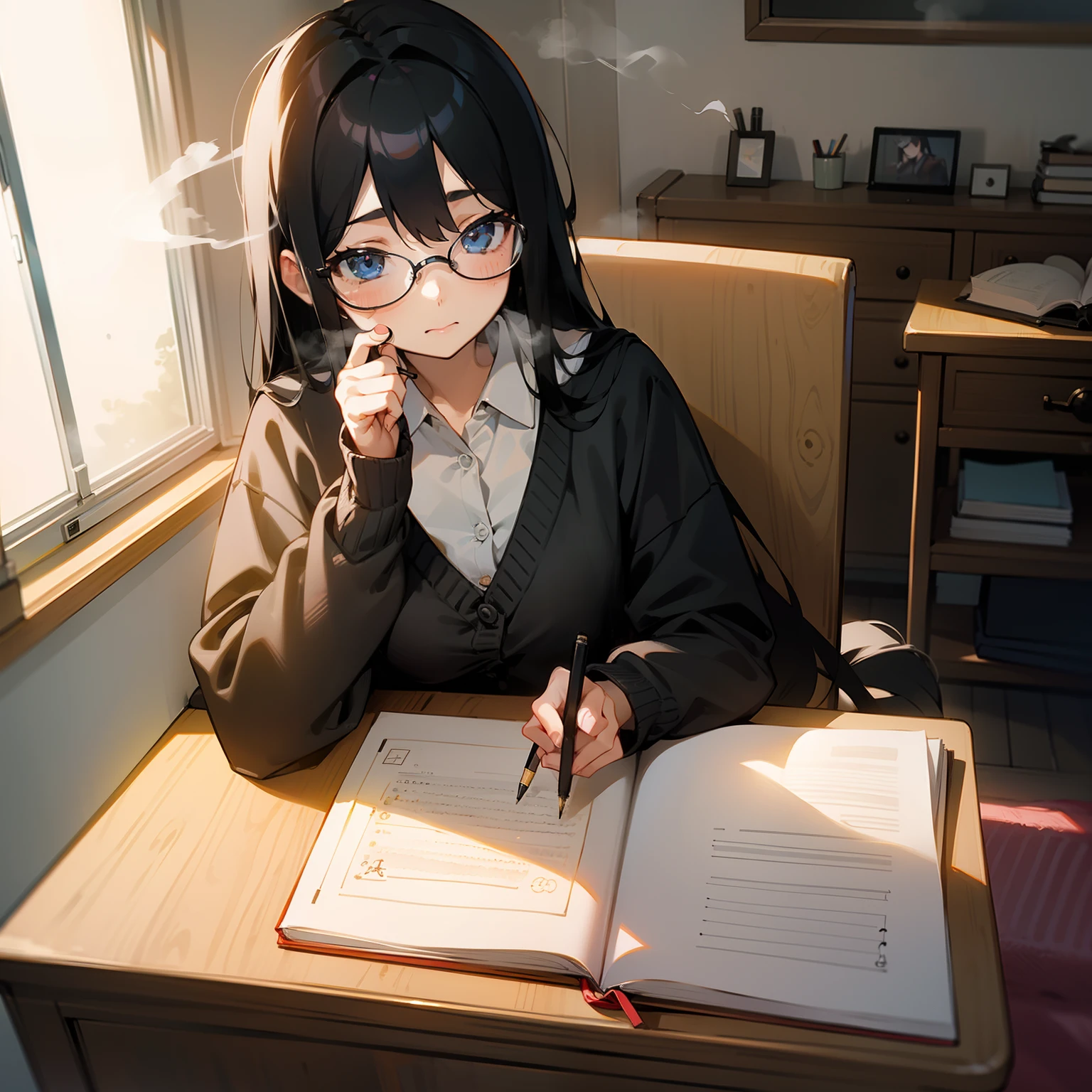 Cute room、One girl studying(sit a chair)、desk(I have a notebook)、eye glass、Long Black Hair、fullnude、Cardigan、Mug on desk(Steaming)、Thinking Face、Write notes with a pen