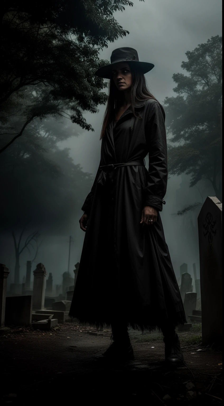 "Crie uma obra-prima arrepiante ambientada em uma mina abandonada dos anos 1600 em um resfriado, noite nublada. Amid the crumbling tombstones and eerie silence, introduce a malevolent and skinny humanoid figure, its extraordinarily thin frame wrapped in a tattered white fabric of the time. his messy, Longas, cabelos brancos lisos pendem como uma cortina de pavor, obscurecendo parcialmente seus olhos vermelhos de sangue, que emitem um mal, brilho sobrenatural.

As she hovers above the ground, A sense of terror and dread permeates the air, and the atmosphere is dense with decay and disgust. Descreva o medo que toma conta de qualquer um que ouse colocar os olhos nela torcida, forma doentia. Evocando valor de choque e puro horror, paint a vivid portrait of his menacing presence, leaving readers with a lingering sense of discomfort. This is a scene designed to haunt your nightmares."