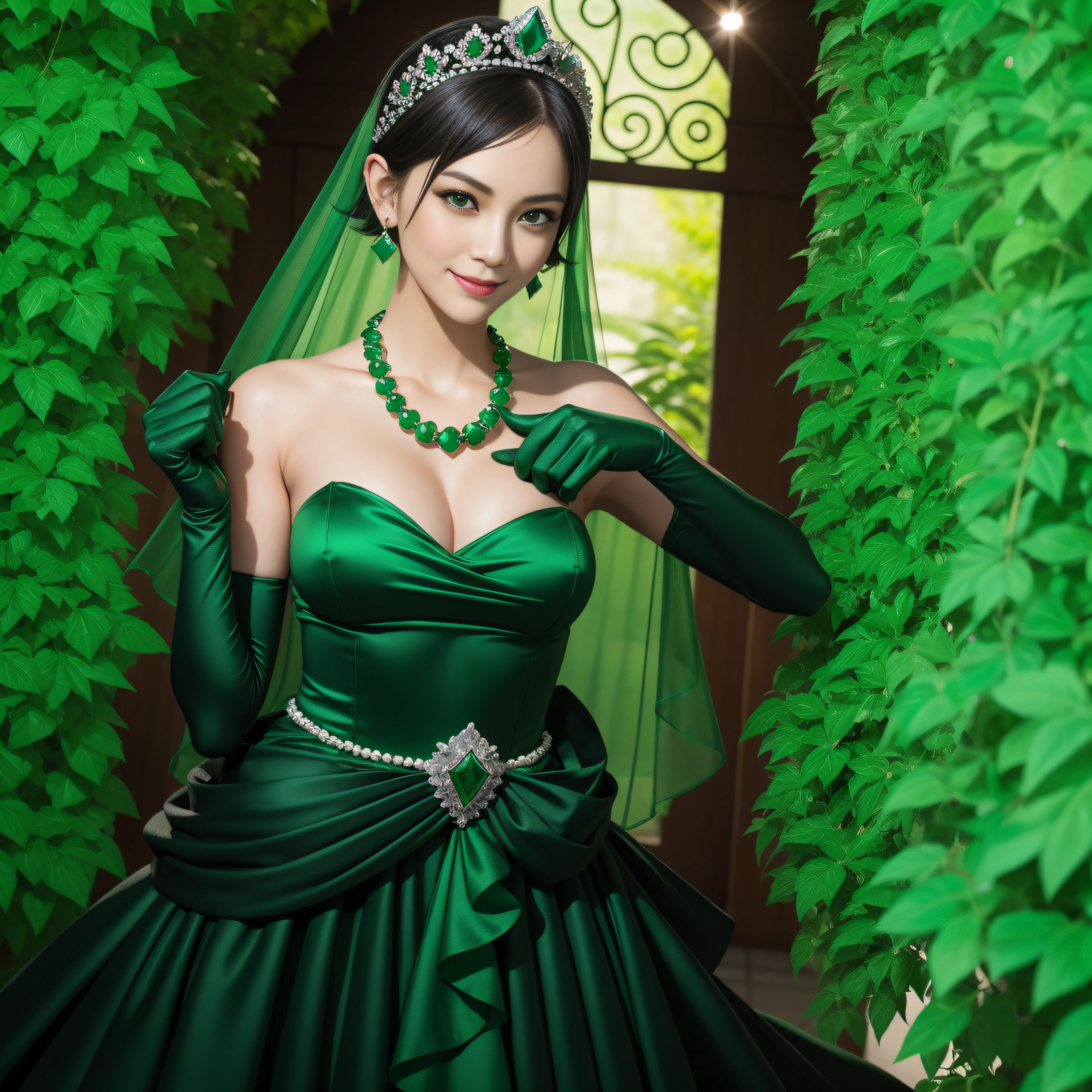 emerald tiara, Green Pearl Necklace, Boyish very short black hair, lipsticks, Japan woman smiling, very short short hair, fist, big breasts beautiful, Green eyes, Long green gloves made of satin material, Green eyes, Emerald Earrings