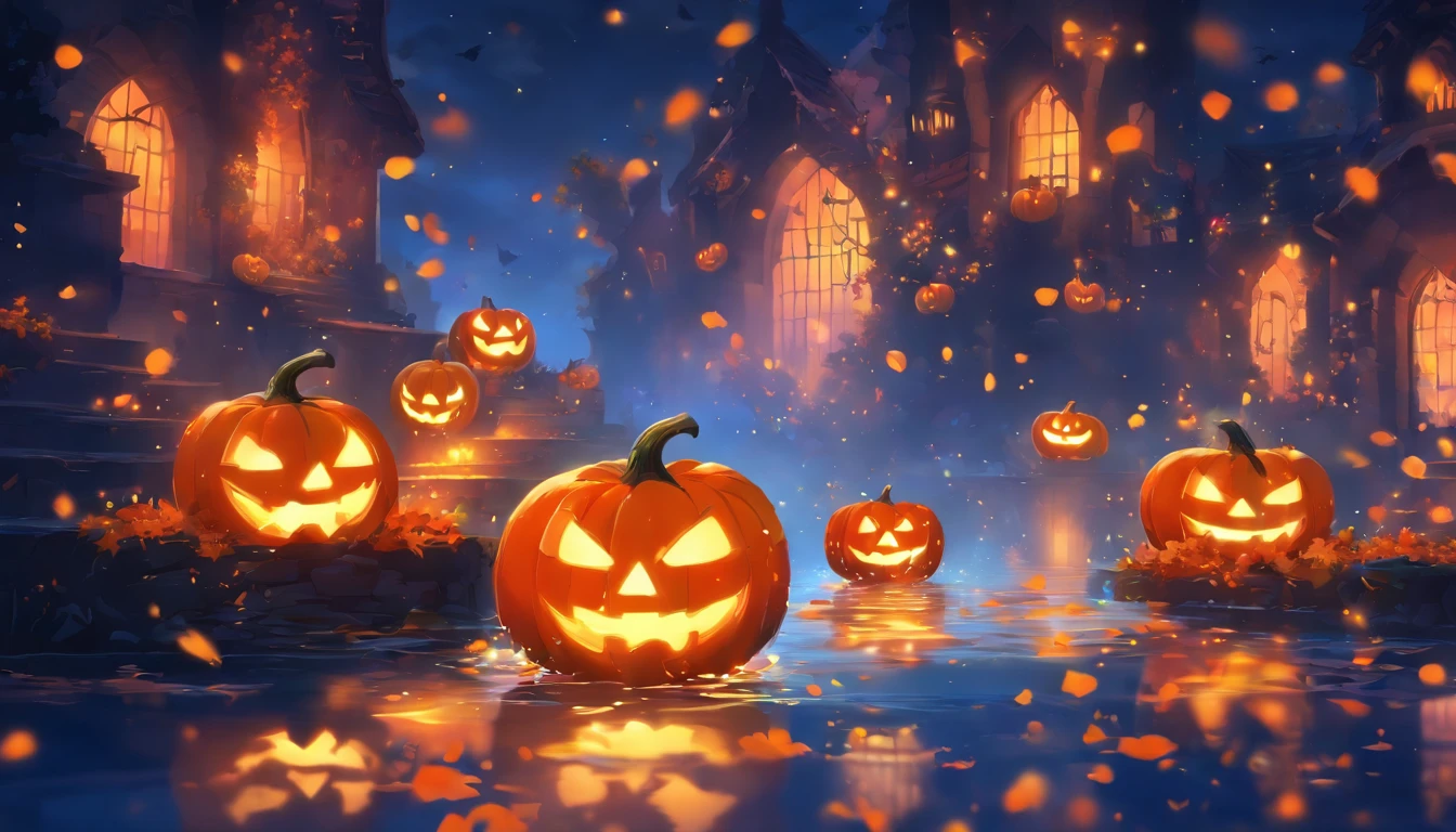 Halloween Floating Lights, Cinematographic light and reflection, glowing lights, Intermediate elements of the metaverse,digital painting, reflets brillants, Reflect, Halloween Jack-o'-lantern, Nuit calme, digital illustration, Belle ambiance, Skylights at night, Quiet atmosphere in the evening, Jack-o'-lantern, Halloween, La nuit, Thémon, The game scene, Halloween, Surrounded by clouds, Buildings in medieval Europe, Enamelled tiles, UE, Des couleurs magnifiqUEs, Il y a trois arches au premier plan((encre de couleur)), ( (Splash the ink ) ), ((Splash the ink) Inky})), tmasterpiece, High career, De beaux graphismes, high details,magnifiqUE