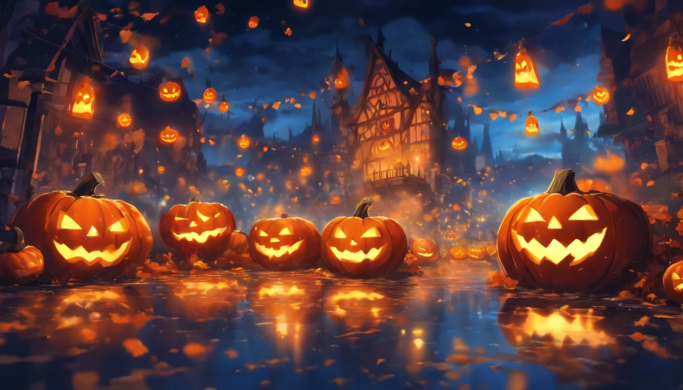 Halloween Floating Lights, Cinematographic light and reflection, glowing lights, Intermediate elements of the metaverse,digital painting, reflets brillants, Reflect, Halloween Jack-o'-lantern, Nuit calme, digital illustration, Belle ambiance, Skylights at night, Quiet atmosphere in the evening, Jack-o'-lantern, Halloween, La nuit, Thémon, The game scene, Halloween, Surrounded by clouds, Buildings in medieval Europe, Enamelled tiles, UE, Des couleurs magnifiqUEs, Il y a trois arches au premier plan((encre de couleur)), ( (Splash the ink ) ), ((Splash the ink) Inky})), tmasterpiece, High career, De beaux graphismes, high details,magnifiqUE