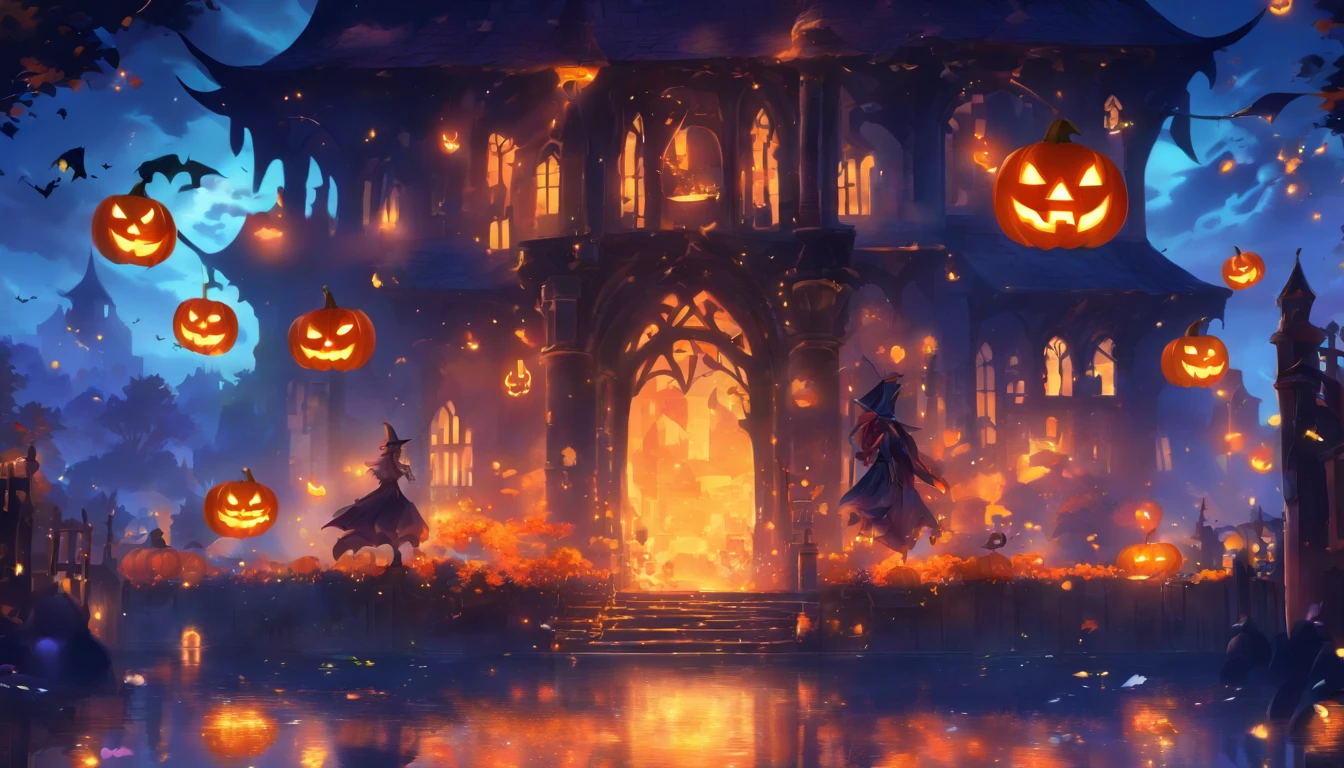 Halloween Floating Lights, Cinematographic light and reflection, glowing lights, Intermediate elements of the metaverse,digital painting, reflets brillants, Reflect, Halloween Jack-o'-lantern, Nuit calme, digital illustration, Belle ambiance, Skylights at night, Quiet atmosphere in the evening, Jack-o'-lantern, Halloween, La nuit, Thémon, The game scene, Halloween, Surrounded by clouds, Buildings in medieval Europe, Enamelled tiles, UE, Des couleurs magnifiqUEs, Il y a trois arches au premier plan((encre de couleur)), ( (Splash the ink ) ), ((Splash the ink) Inky})), tmasterpiece, High career, De beaux graphismes, high details,magnifiqUE