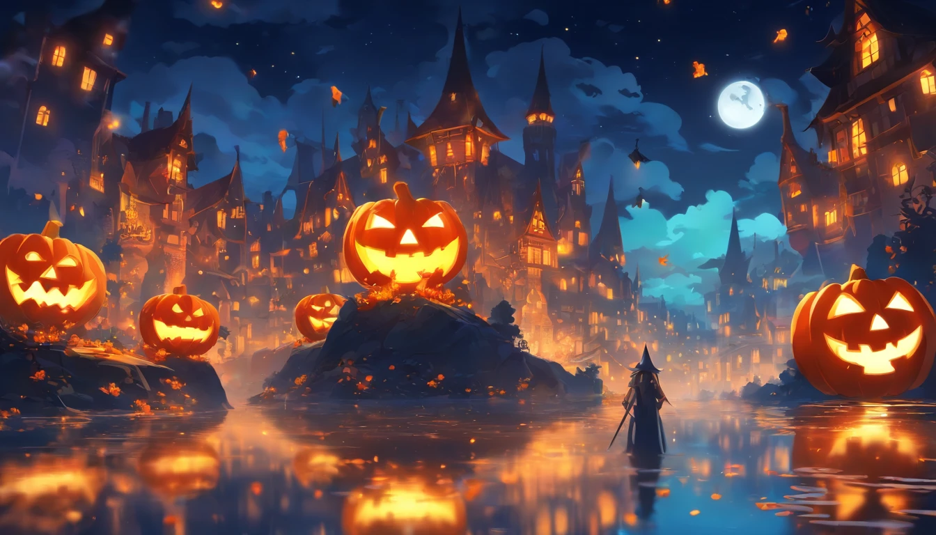 Halloween Floating Lights, Cinematographic light and reflection, glowing lights, Intermediate elements of the metaverse,digital painting, reflets brillants, Reflect, Halloween Jack-o'-lantern, Nuit calme, digital illustration, Belle ambiance, Skylights at night, Quiet atmosphere in the evening, Jack-o'-lantern, Halloween, La nuit, Thémon, The game scene, Halloween, Surrounded by clouds, Buildings in medieval Europe, Enamelled tiles, UE, Des couleurs magnifiqUEs, Il y a trois arches au premier plan((encre de couleur)), ( (Splash the ink ) ), ((Splash the ink) Inky})), tmasterpiece, High career, De beaux graphismes, high details,magnifiqUE