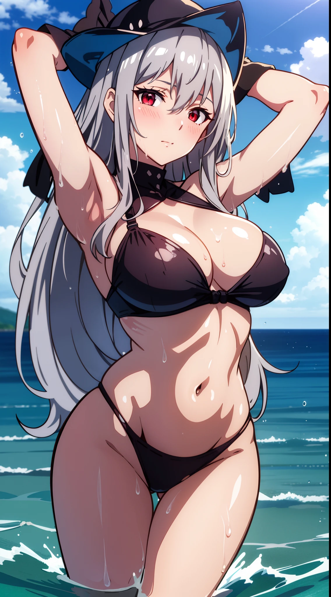 2D, HD, Detailed details, Detailed landscapes, beautiful lights, Beautiful Shadows, top-quality, Highly detailed, masterpiece, best quality, highres, skadi, no hat, gray hair, red eyes, large breast, long hair, blush, closed mouth, navel, looking at viewer, anime, full body, armpits, stomach, highly detailed eyes, cleavage, arms behind back, highly detailed face, anime styled, wet clothes, sea, horizom, sky