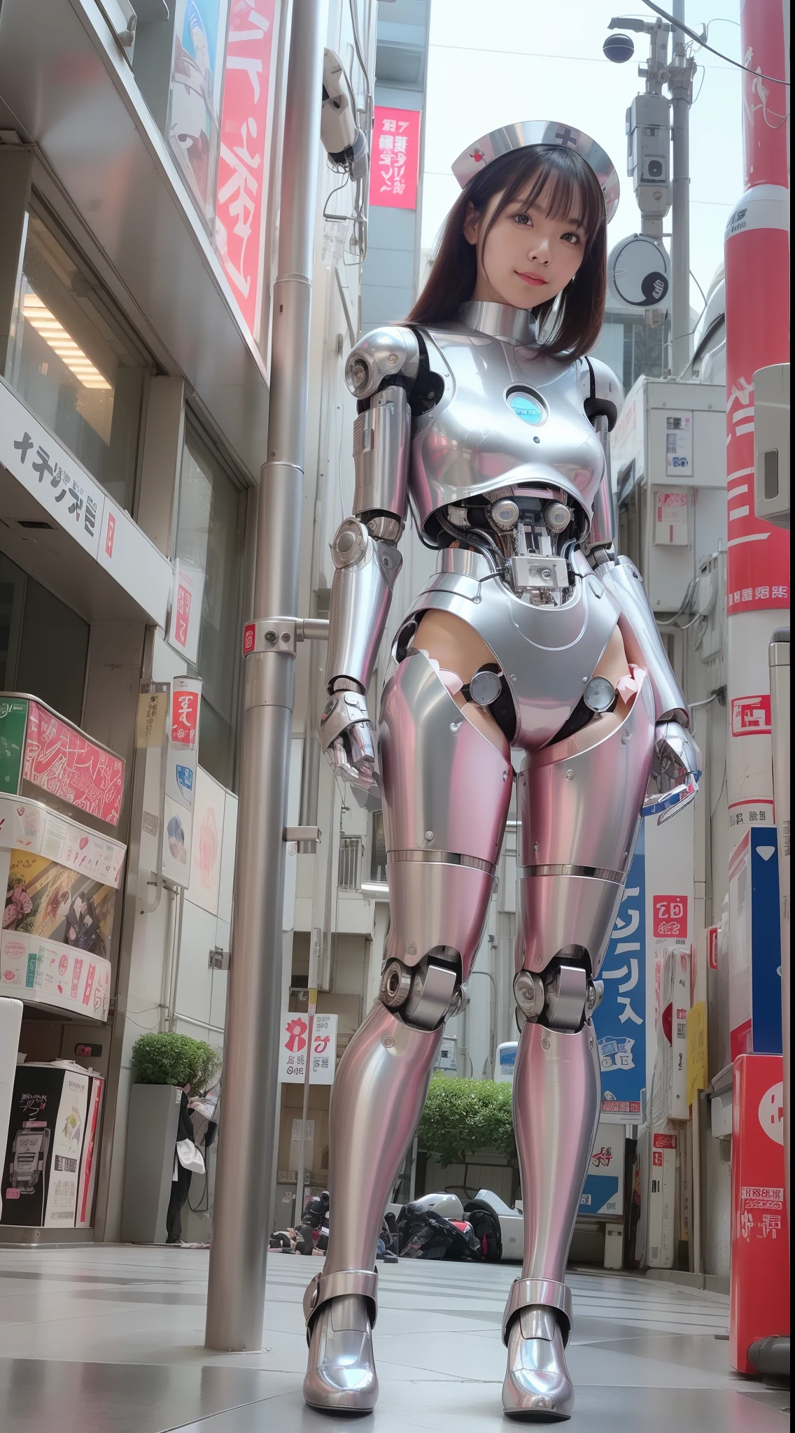 (Photorealistic: 1.4), 1 girl, (highest quality), (((robot parts)), (pink), (silver), (metallic), (full-body), (moe pose), (thin), (), (model body type), (cyborg), (mecha exposure), (akihabara), (looking at the camera), (nurse uniform), (black hair), (8 heads), (small face), (idol), (photo session), ( embarrassed)