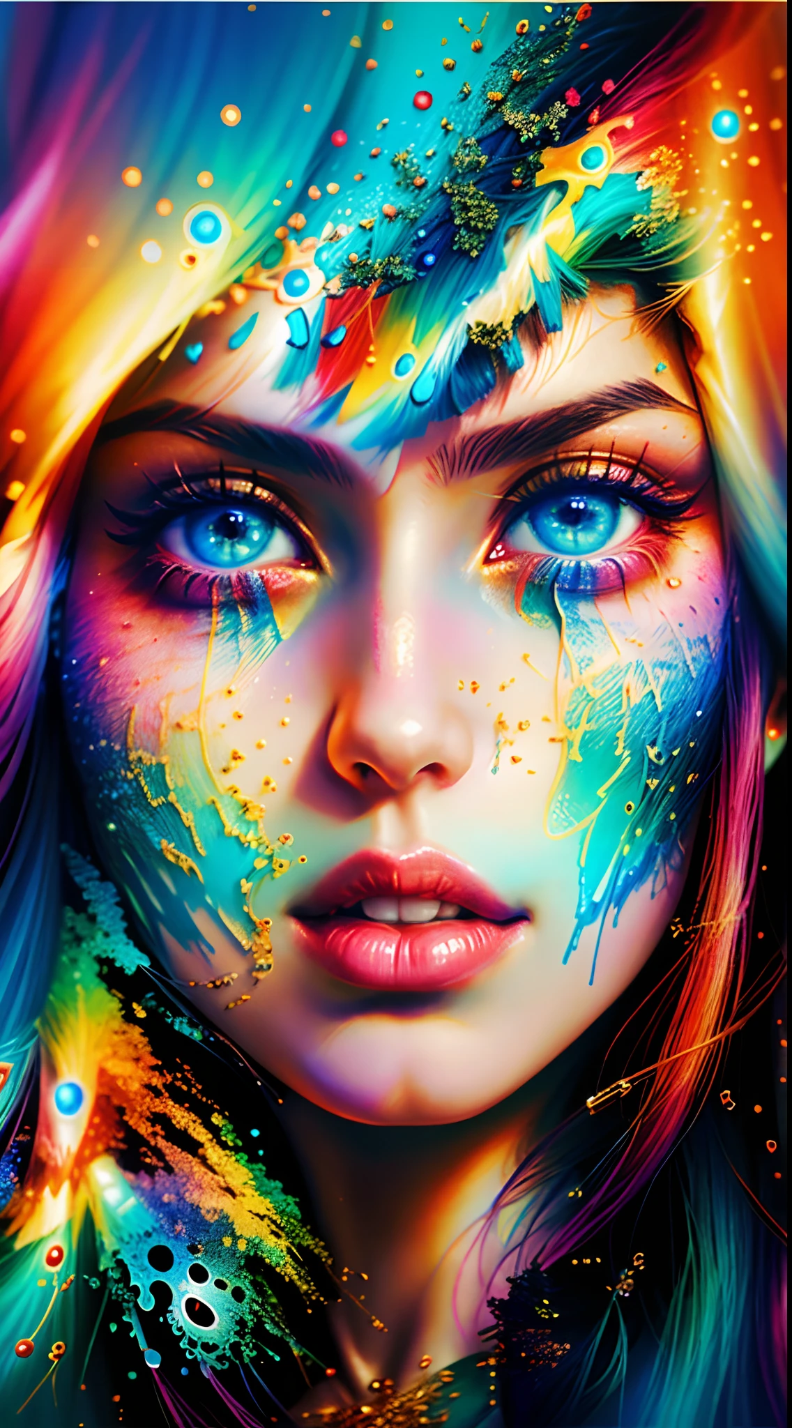 A striking and vibrant abstract portrait of a face, painted with a dazzling array of colors like pink, blue, green, and gold. The eye is the focal point, adorned with gold leaf detailing and a deep blue hue, exuding a mysterious and captivating aura. The bold, expressive brushstrokes create a dynamic and emotive atmosphere, giving the artwork a unique and powerful presence. The thick, textured paint adds depth and dimension, with colors blending and overlapping in a mesmerizing way. This captivating piece combines elements of graffiti, illustration, and painting, resulting in a fashionable and visually stunning masterpiece, with the fusion of styles creating an eye-catching and modern aesthetic., vibrant, illustration, fashion, graffiti, painting