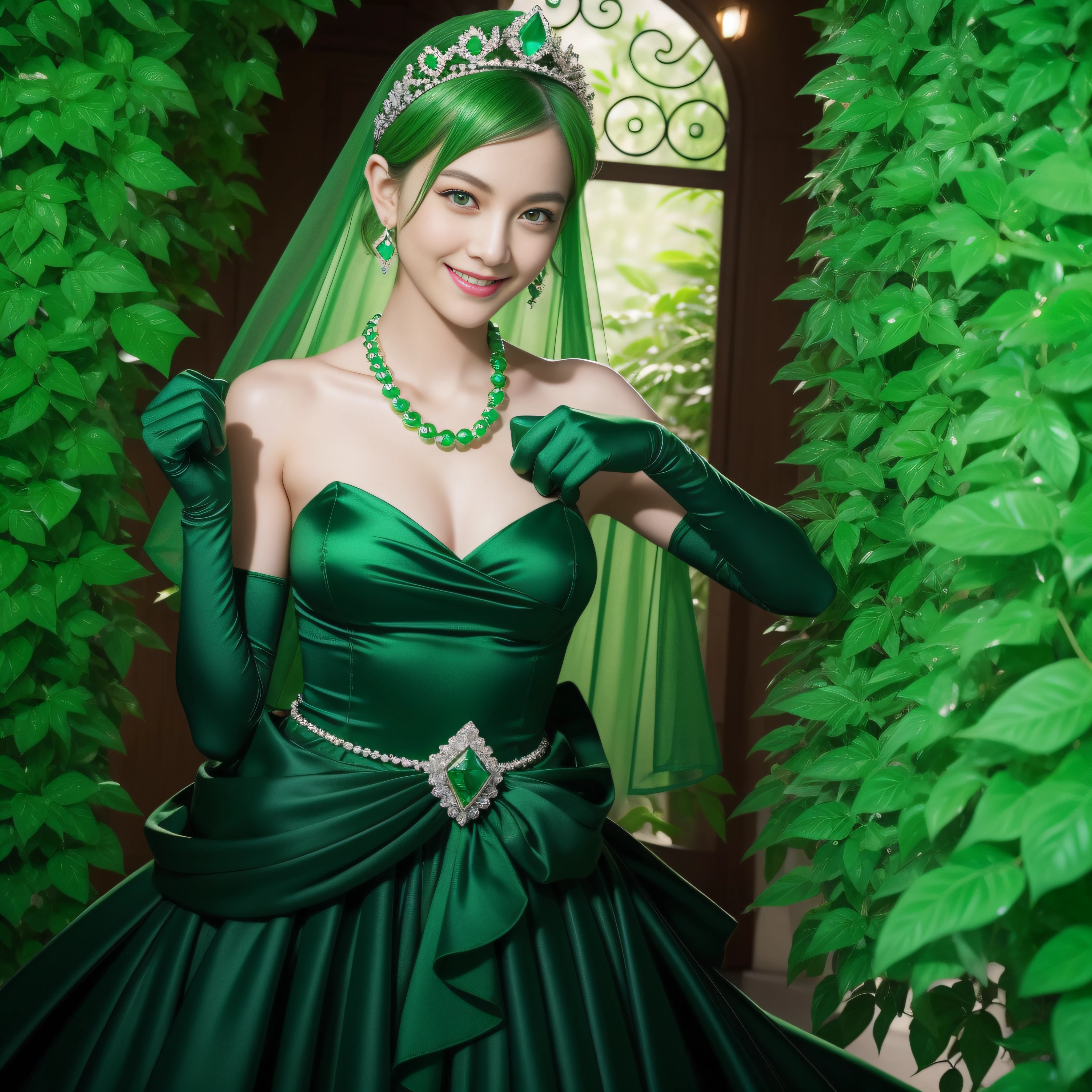 emerald tiara, Green Pearl Necklace, Boyish green berry short hair, lipstick, Smiling Japan woman, very short hair, big breasts beautiful, green eyes, Green long gloves made of satin material, green eyes, v sign, emerald earrings, 30 generation women