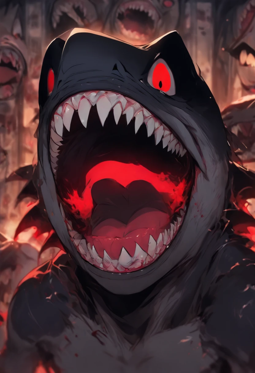 (masterpiece), (realistic), (4K resolution), (DSLR), best quality, salivating lips, drooling mouth, body, scarred, thin, slim, toned body, bandages, rotting flesh, zombie, sexy facial expressions, anorexic, jagged teeth, fox-like facial proportions, wide smile, open mouth smile, expressive smile, sexy smile, blush under eyes, large teeth, goth, pale skin, glowing red eyes, black hair, bloody body, blood stained body, very pointy teeth, shark teeth, evil smile, devious smile, very long teeth, scars bleeding profusely, large teeth, rotting gray  flesh, rotting gray skin, evil eyes, sinister smile, dark bags under eyes, very toned body, ultra thin waist, small portions, yandere, black eyeshadow, face full of pleasure